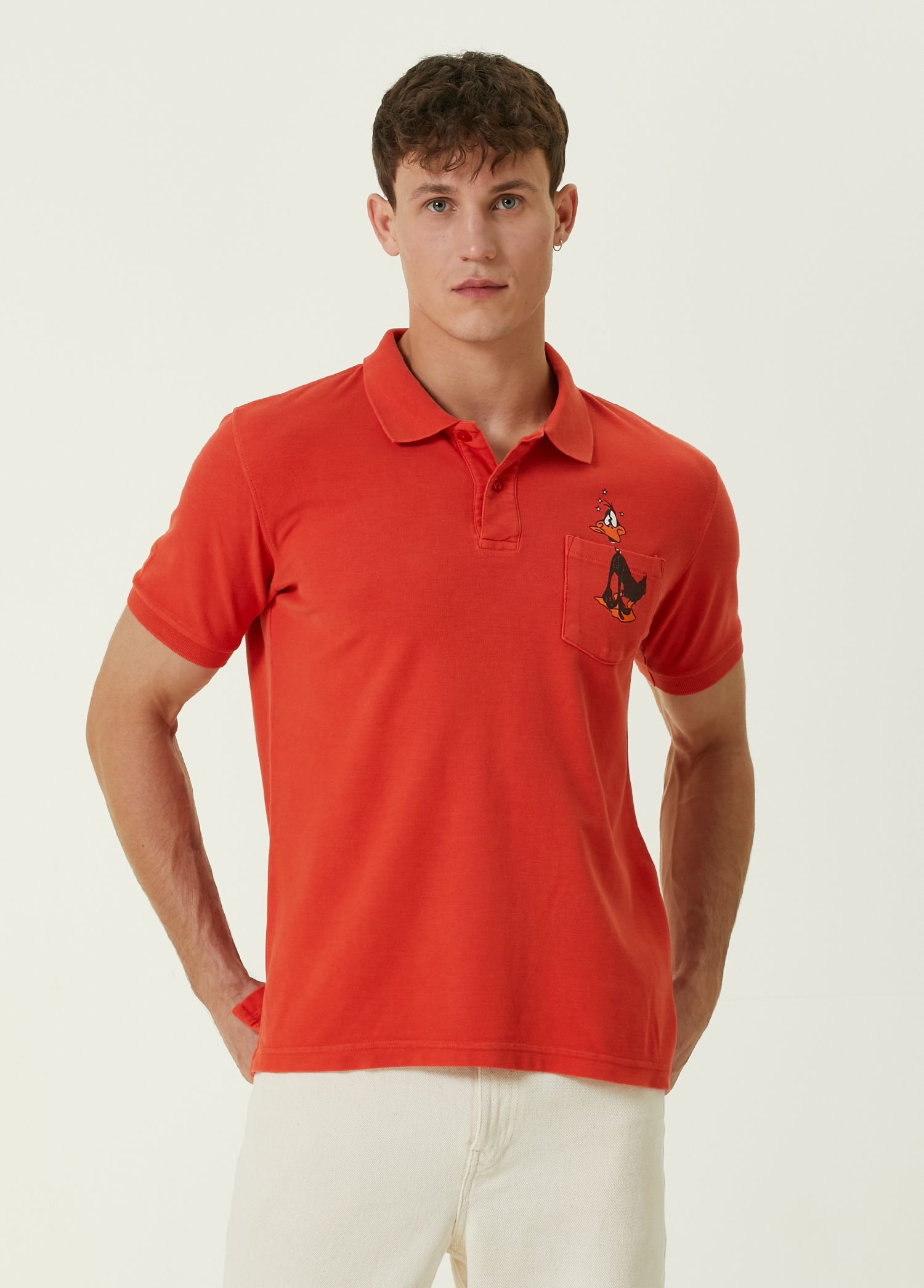 Turuncu Polo Yaka Figür Baskılı T-shirt