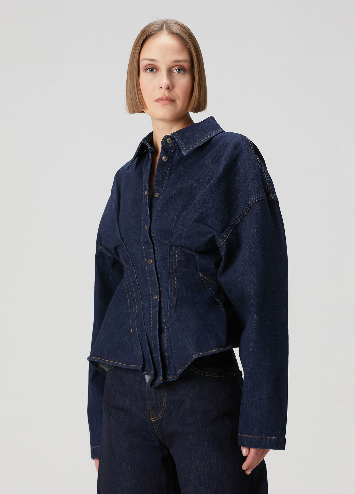 Lacivert Pile Detaylı Denim Gömlek
