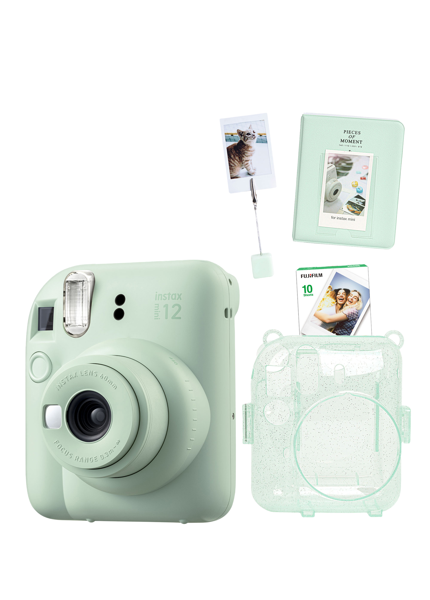 Instax Mini 12 Yeşil Fotoğraf Makinesi + 10'lu Film Kıskaçlı Stand PVC Albüm ve Simli Pleksi Kılıf Seti