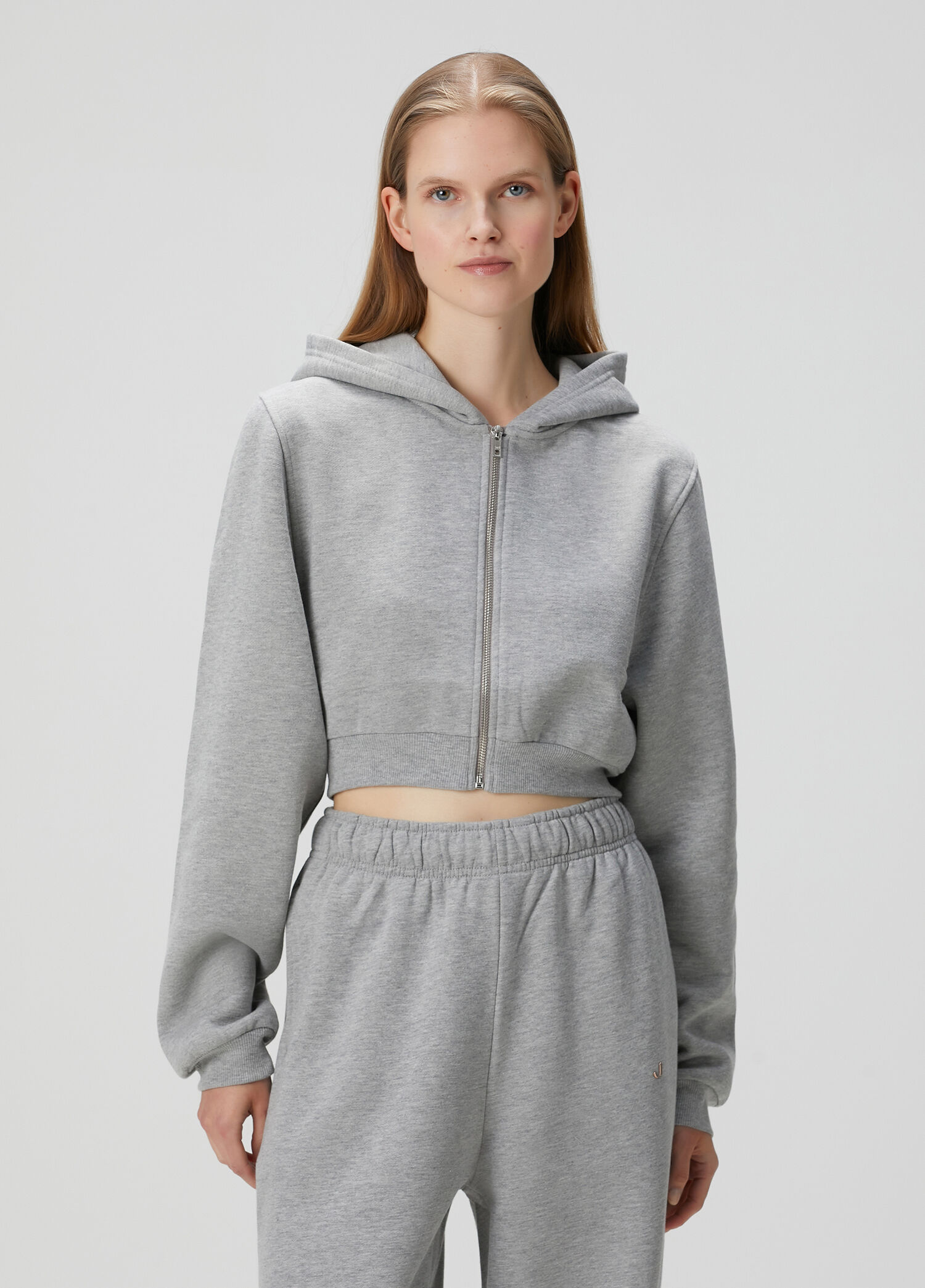 Aura Gri Fermuarlı Crop Hoodie