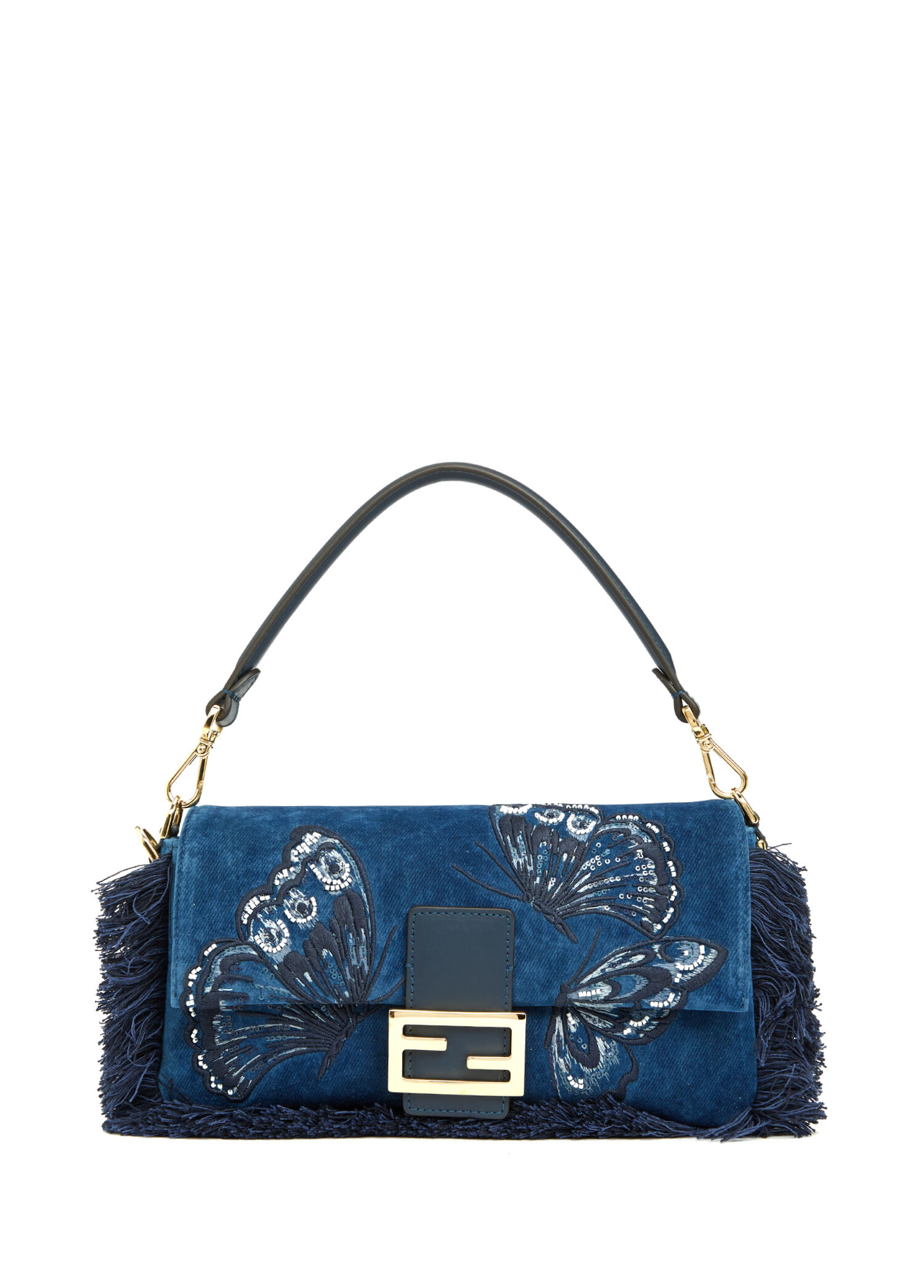Fendi Mavi Kadın Baguette Mavi İşlemeli Kadife Denim Çanta 1896991