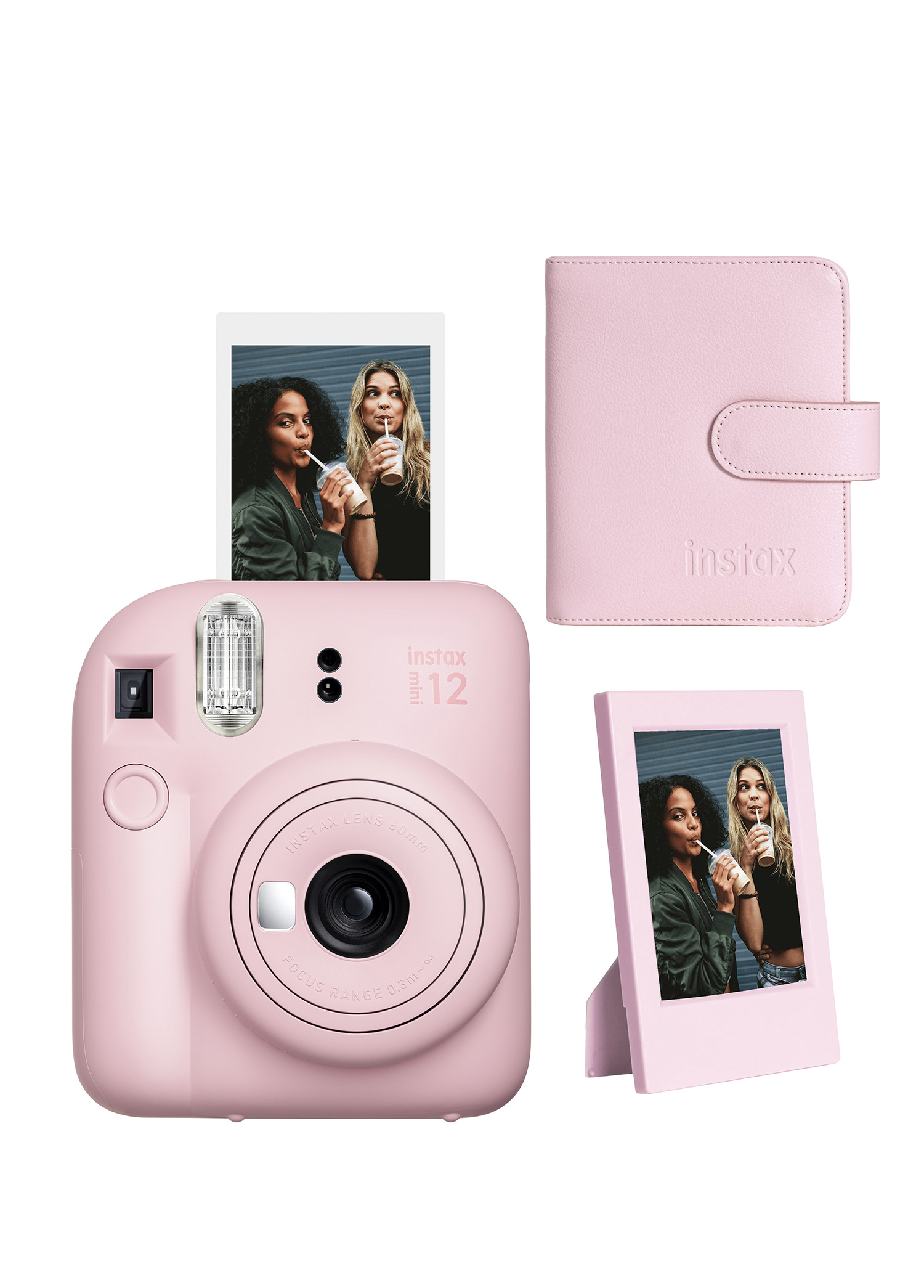 Instax Mini 12 Pembe Fotoğraf Makinesi + 64'lü Kare Albüm ve Çerçeve Seti