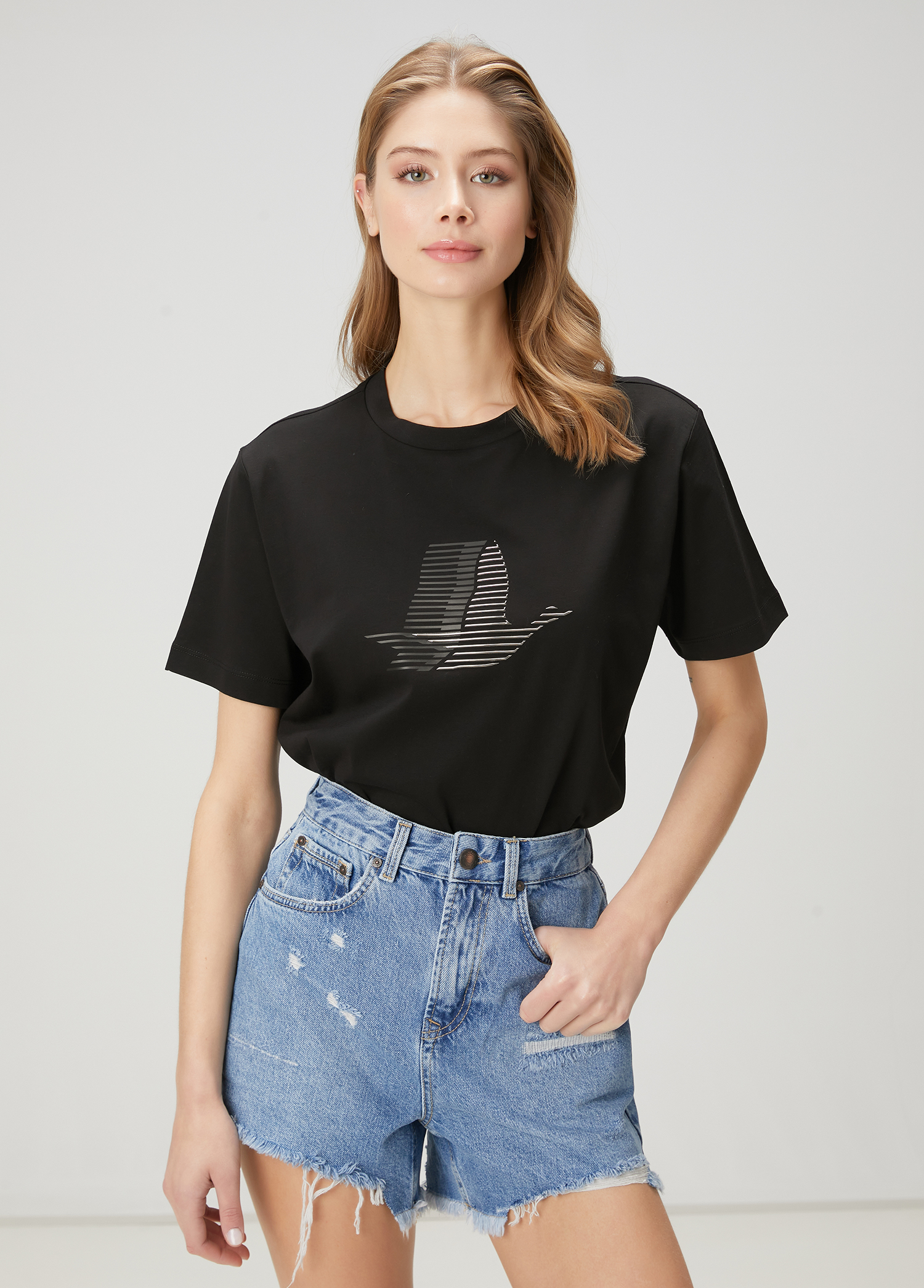 Siyah Çizgi Efektli Kaz Logolu T-shirt_2
