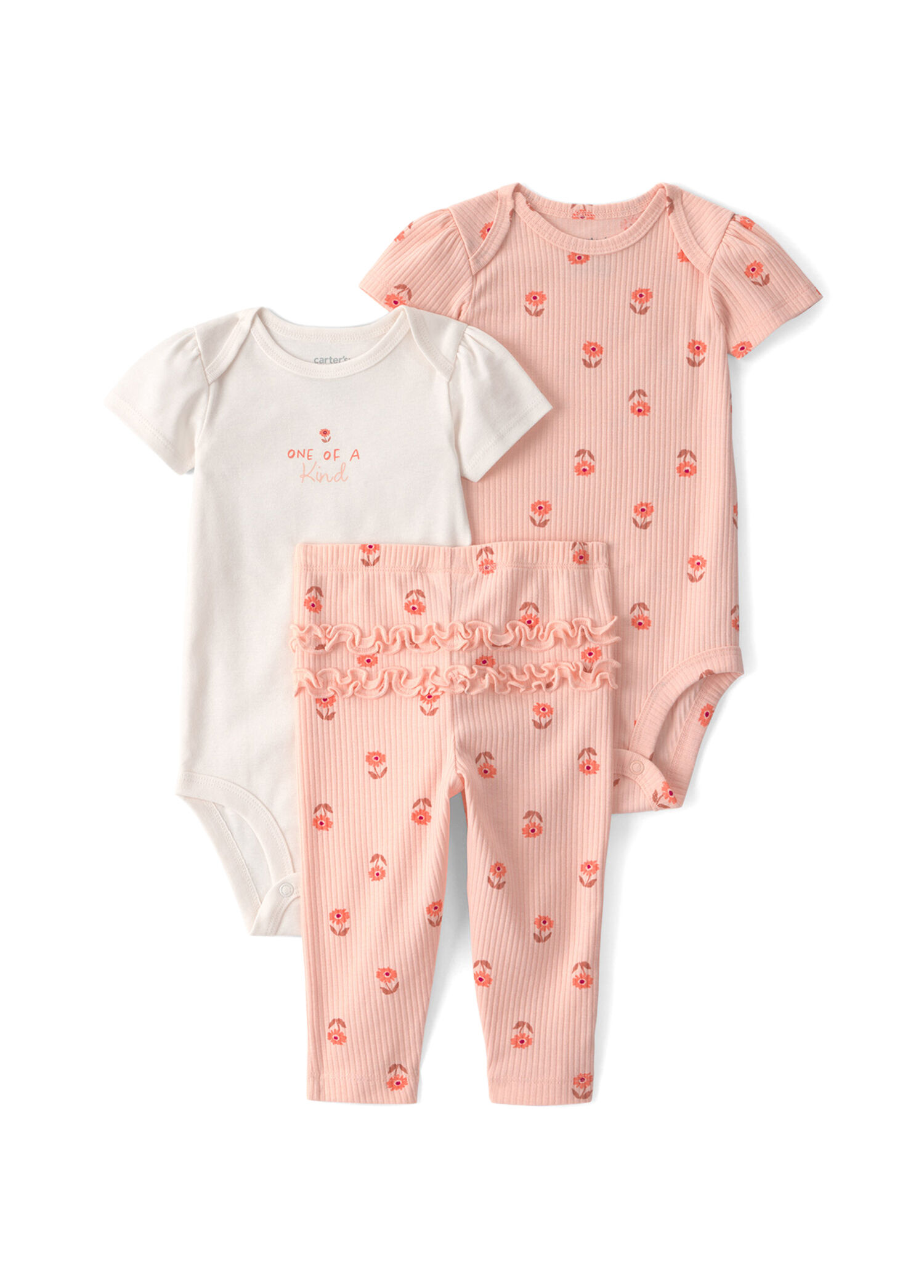 Turuncu Desenli Kısa Kollu Body ve Pantolon Kız Bebek 3'lü Set