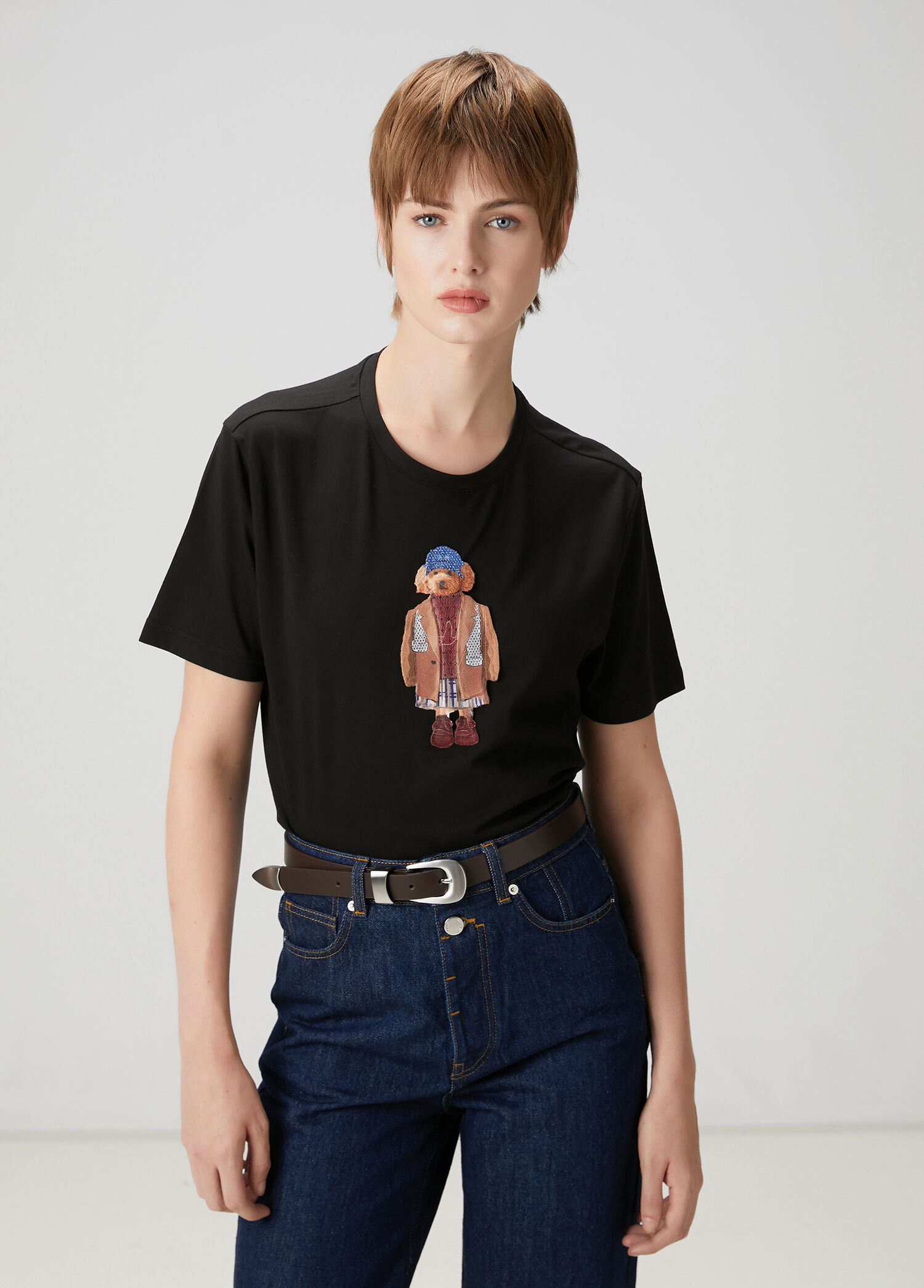 Siyah Taşlı Köpek Baskılı T-shirt