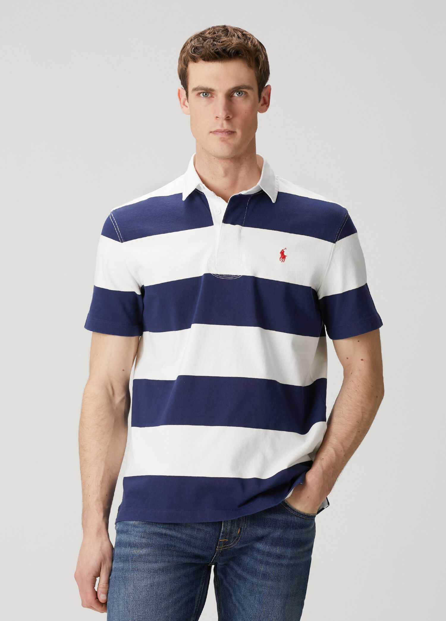 Polo Ralph Lauren Mavi Erkek Mavi Polo Yaka Çizgili Jersey T-shirt