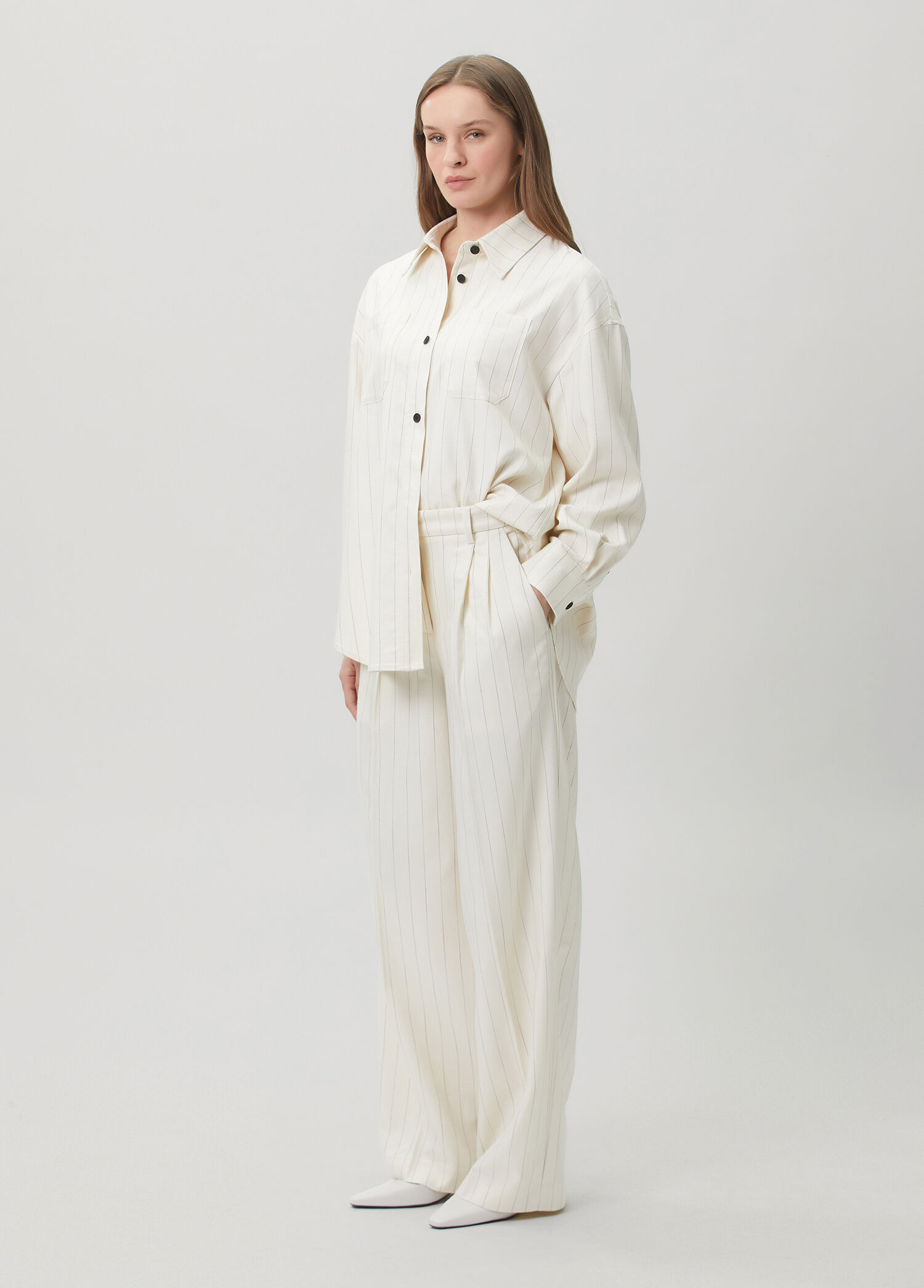 Olga Wide Leg Krem Çizgili Pantolon