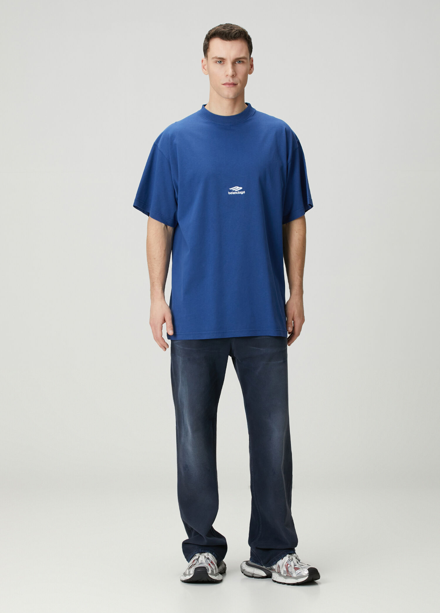 Balenciaga Mavi Erkek 3B Sports Icon Mavi Oversized T-shirt