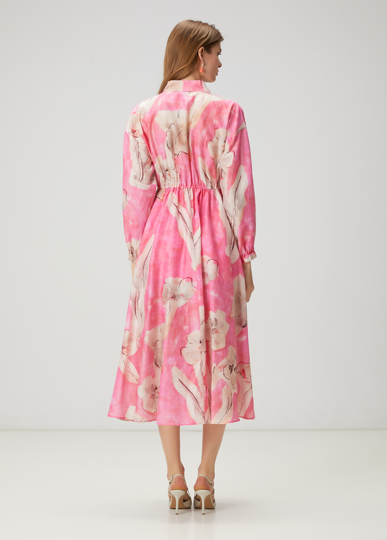 Pembe Çiçekli Midi Organza Elbise_4
