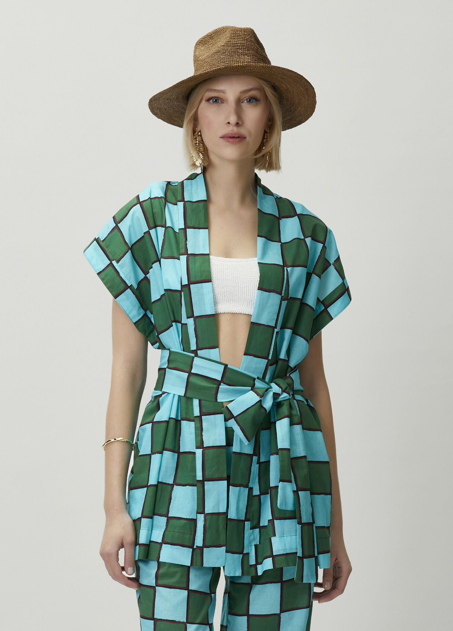 Dafne Turkuaz Kimono Desenli Kimono Yelek