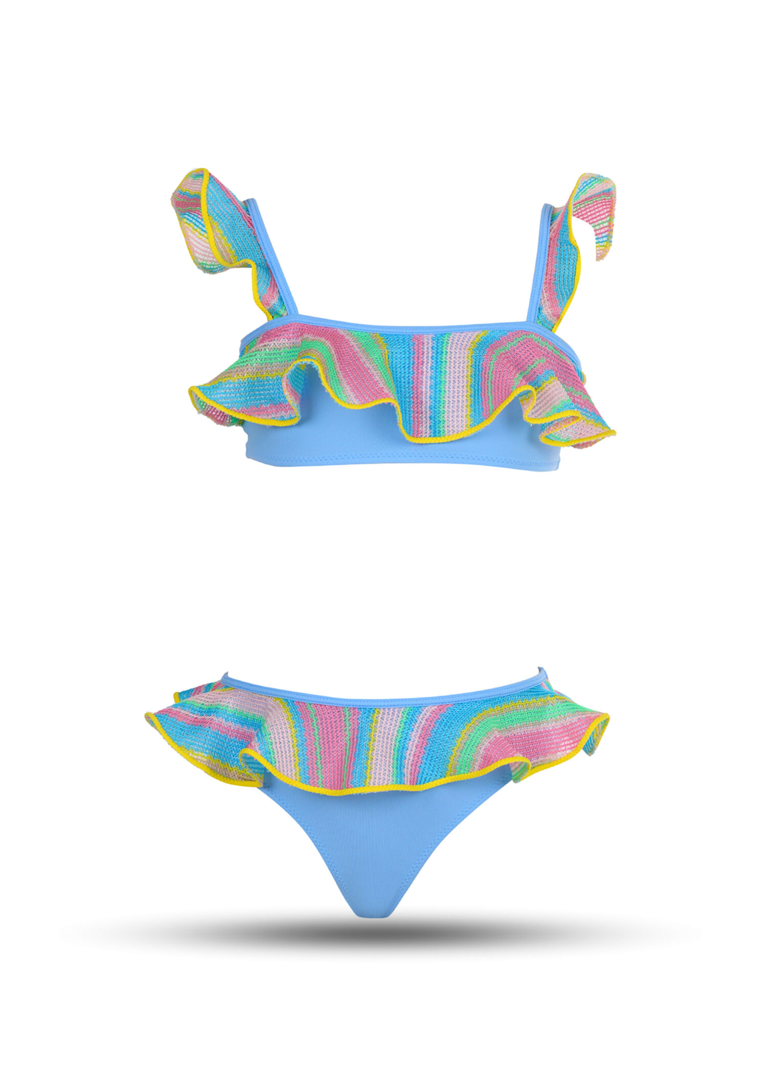 Bandeau Renkli Çizgili Askılı Fırfırlı Kız Çocuk Bikini Takımı