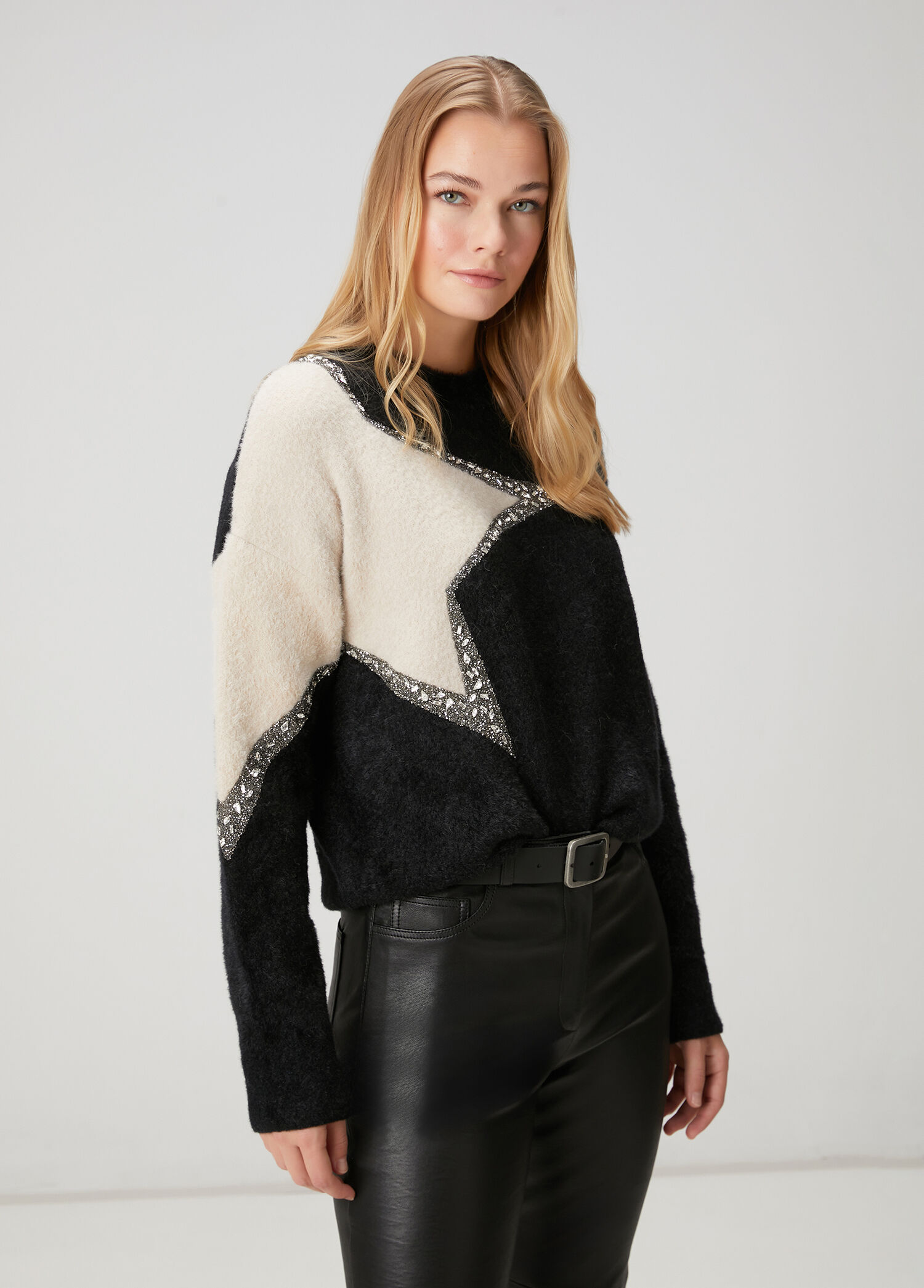 lit Compact Raglan Tops ブラック アイボリー Beymen Club - Siyah Kontrast Yıldızlı Taş Detaylı Crop Kazak - Siyah