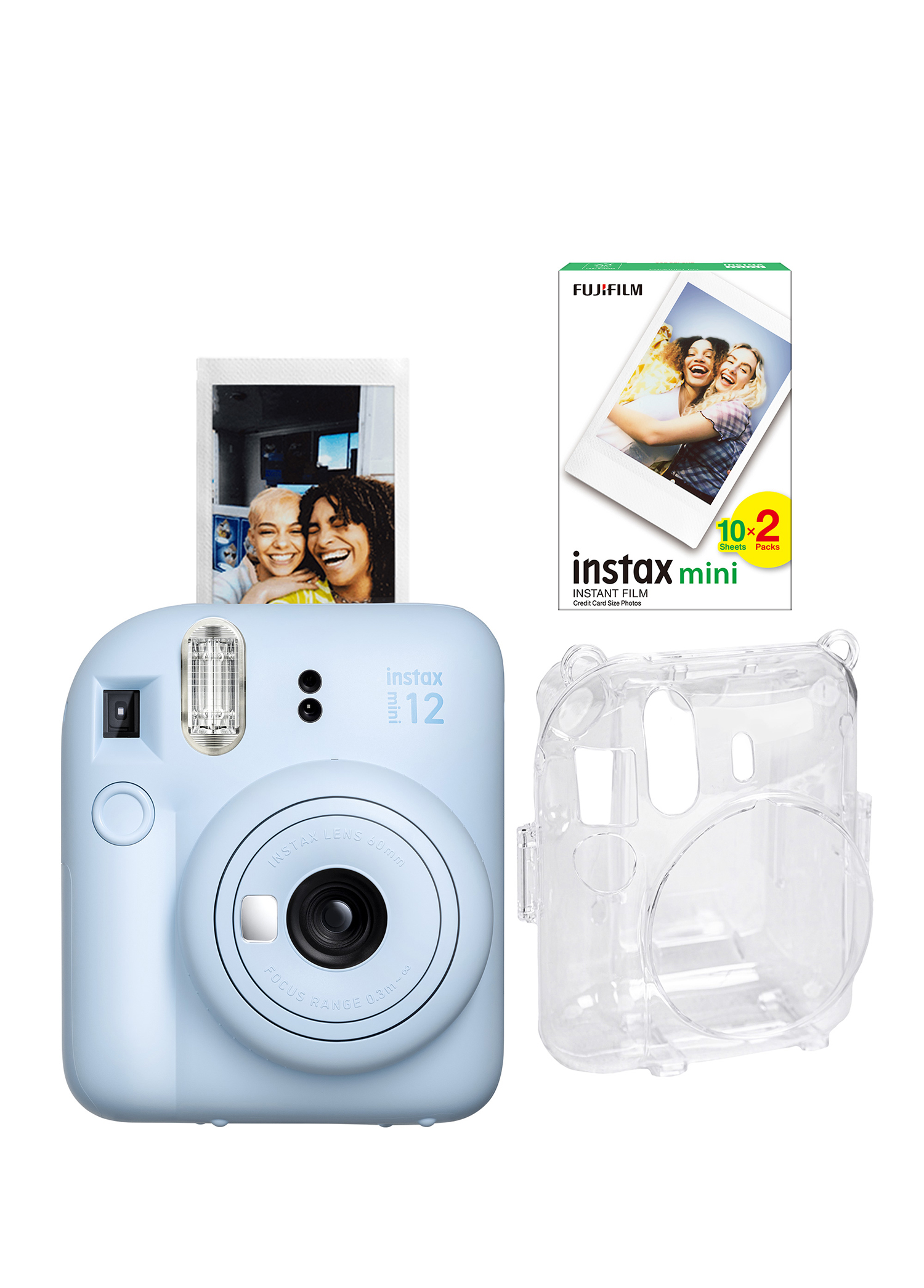 Instax Mini 12 Mavi Fotoğraf Makinesi + 20'li Film ve Şeffaf Kılıf Seti