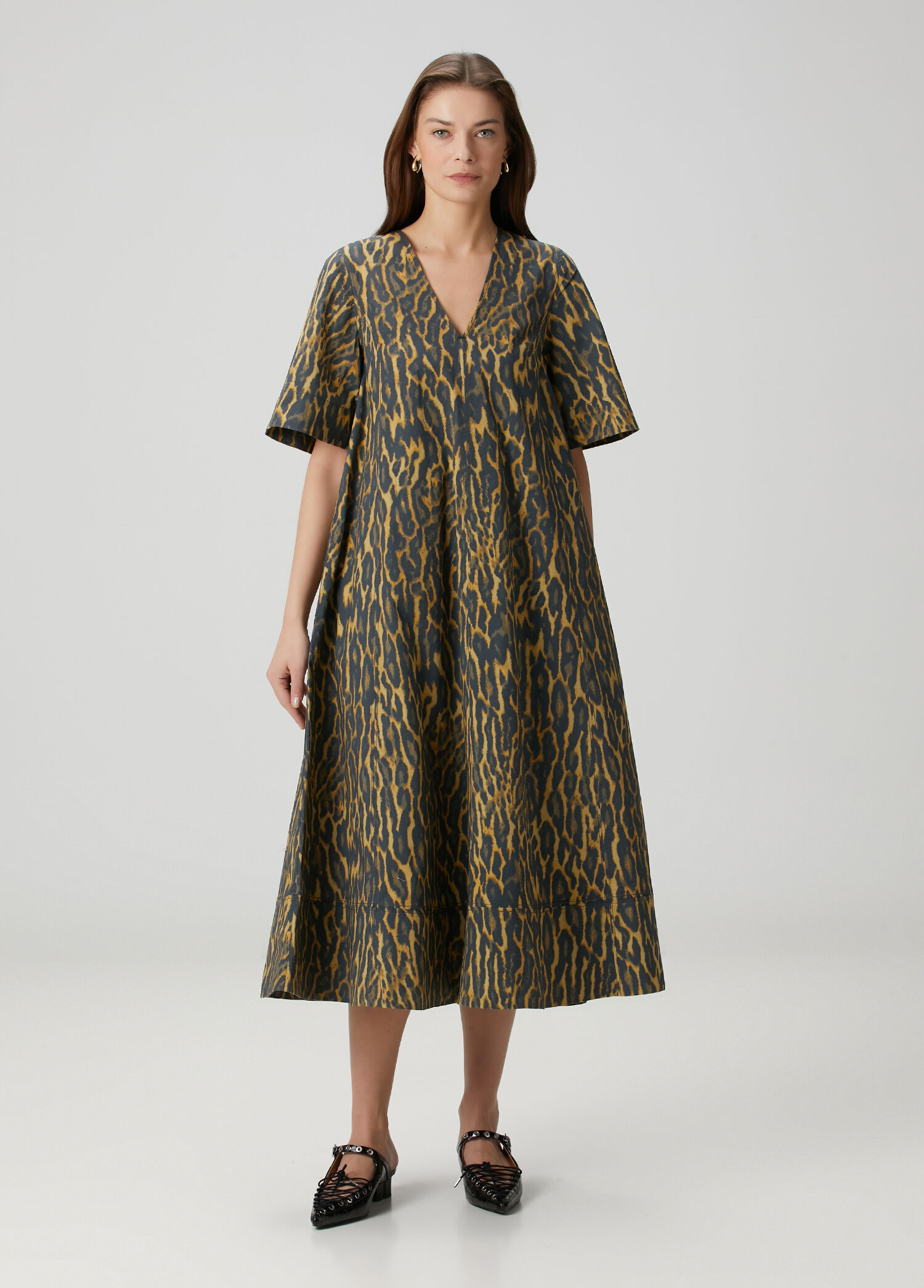 Leopar Desenli Midi Elbise