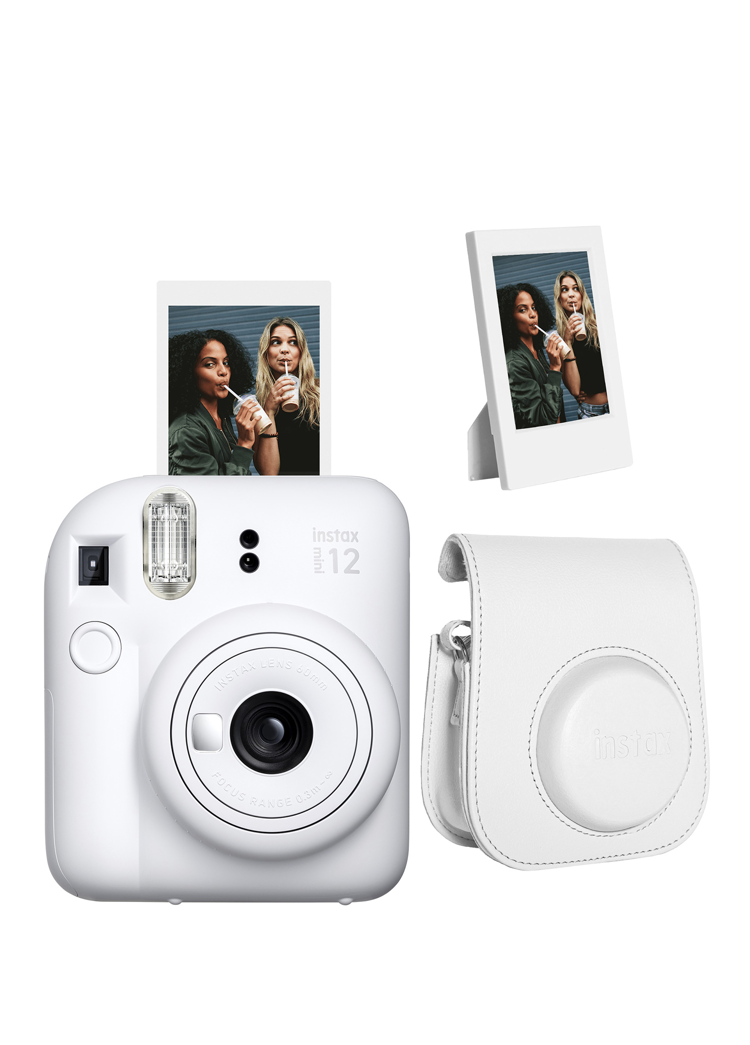 Instax Mini 12 Beyaz Fotoğraf Makinesi + Çerçeve ve Deri Kılıf Seti