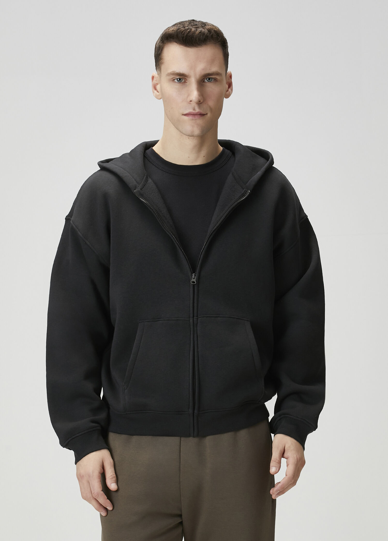 Relaxed Zip Up Siyah Kapüşonlu Sweatshirt