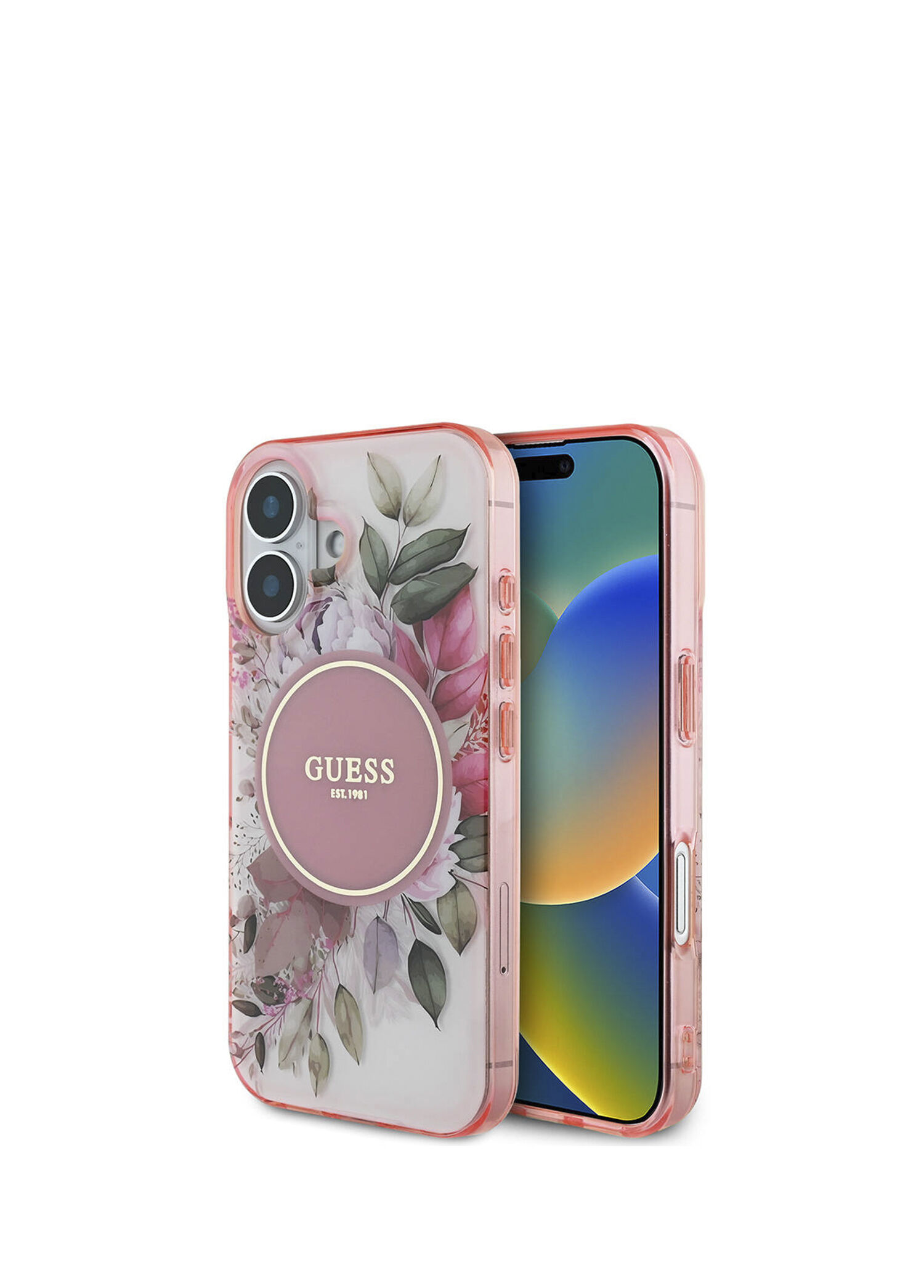Guess - Flower Tonal Circle iPhone 16 Kılıf Magsafe Uyumlu Yazı Logolu Telefon Kılıfı - Pembe