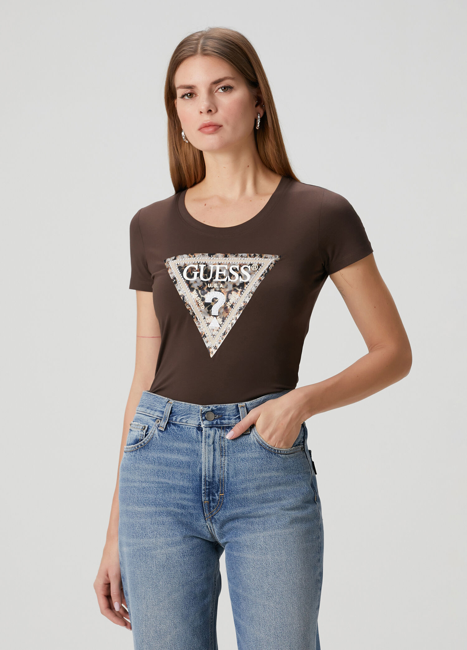 Slim Fit Kahverengi İşlemeli Jersey T-shirt