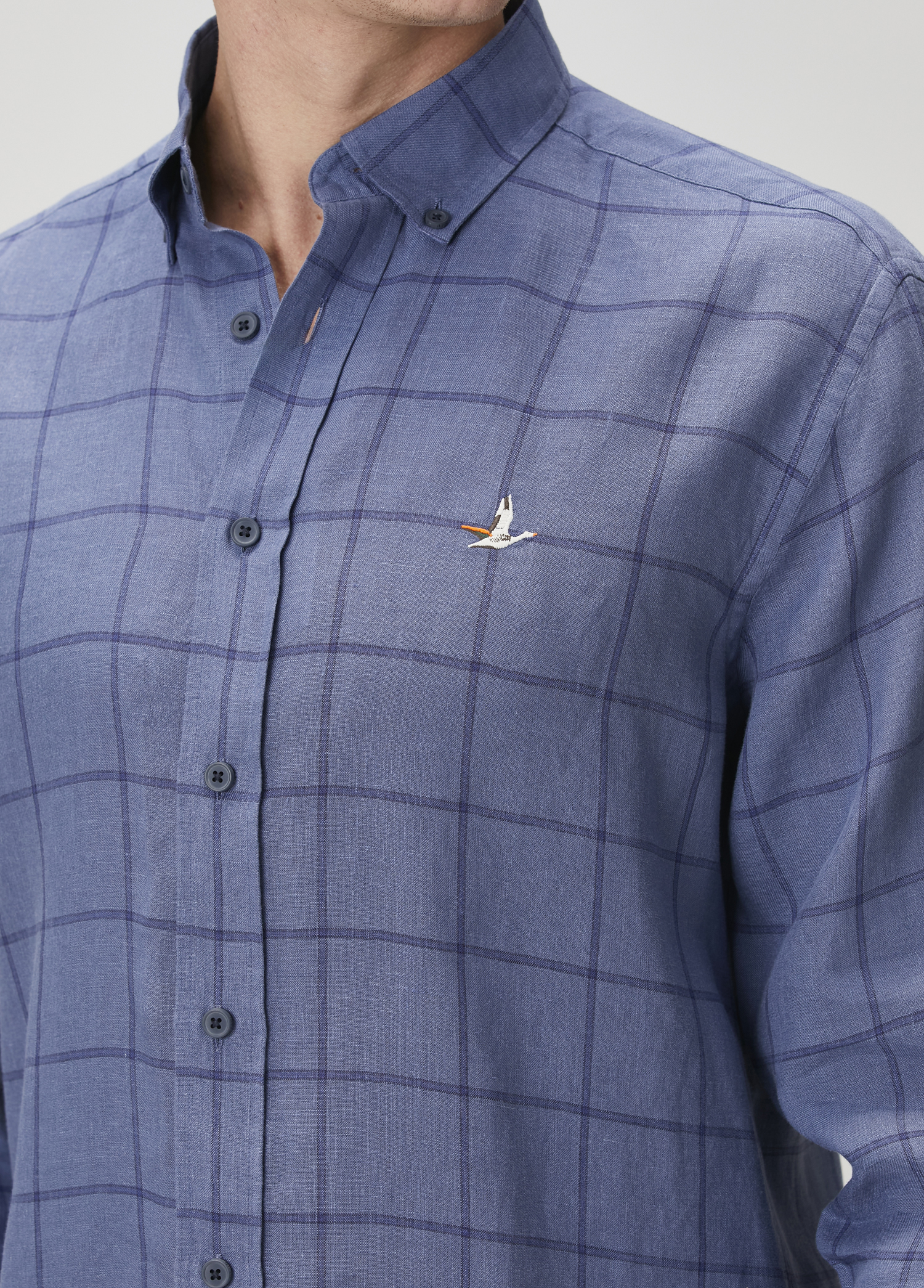 Comfort Fit Indigo Ekose Desenli Keten Gömlek_5