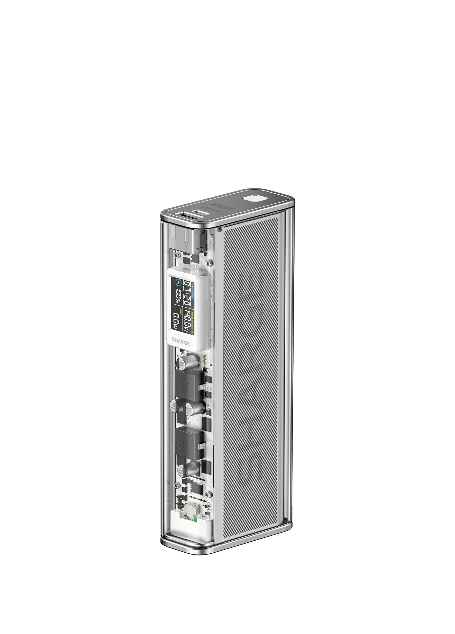 Gri Yüksek Güçlü ve Şeffaf Tasarımlı Powerbank 140W