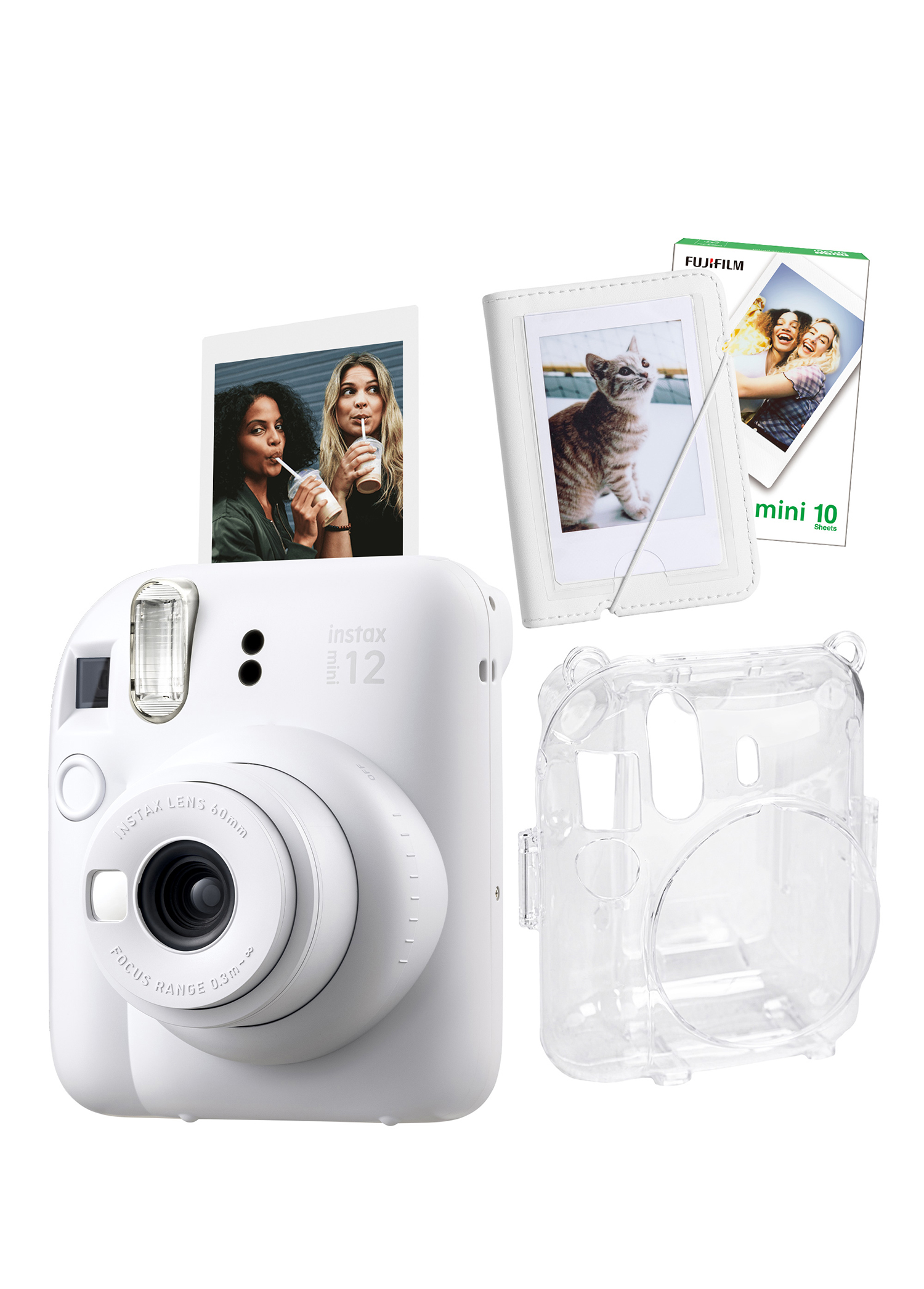 Instax Mini 12 Beyaz Fotoğraf Makinesi + 10'lu Film Mini Albüm ve Şeffaf Kılıf Seti