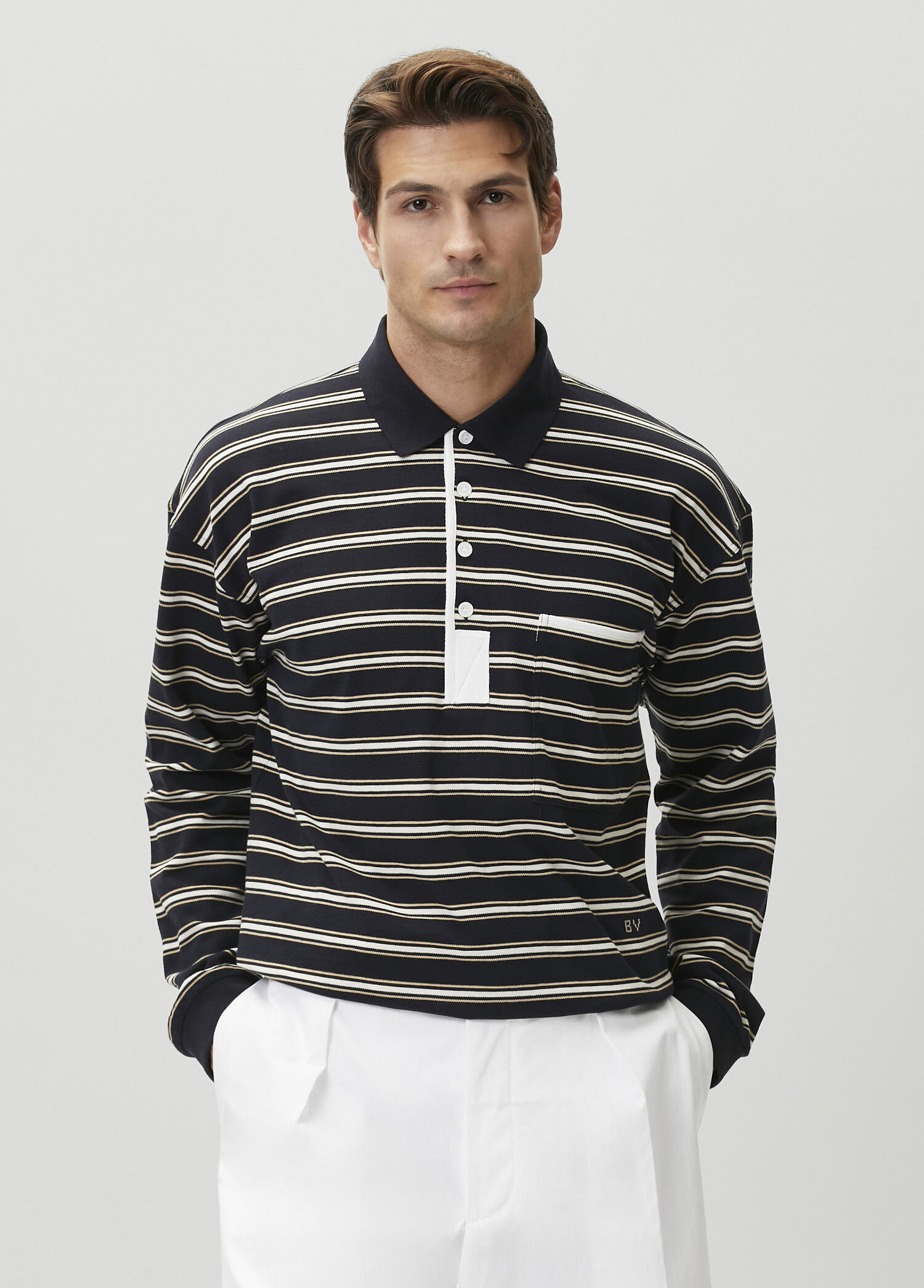 トップス Bottega Veneta saotomex Navy blue Bottega Veneta Navy blue Men Navy Striped Polo T-shirt