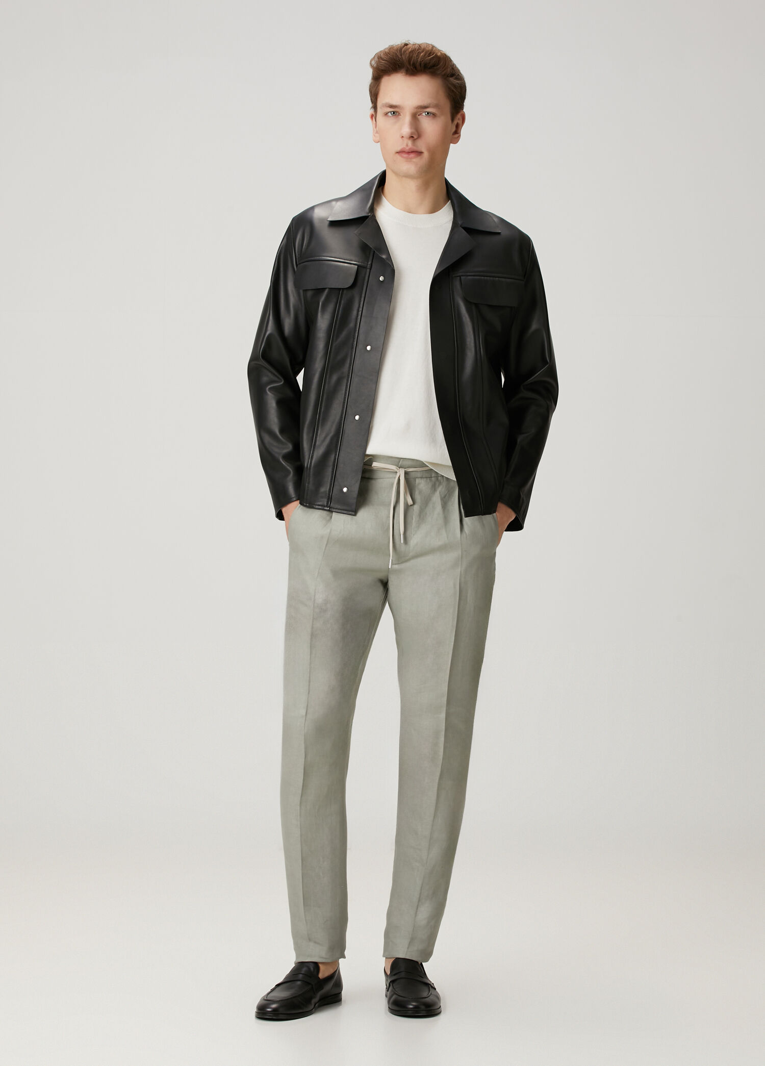 Taupe Beli Kordonlu Keten Pantolon