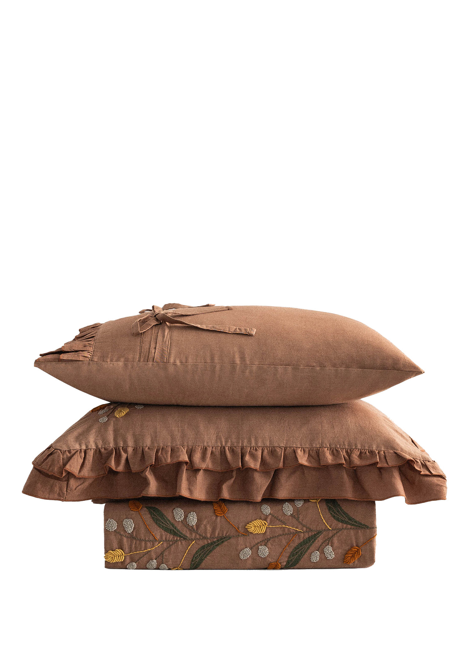 Farah Kahverengi Nakışlı Organik Pamuk Saten Battal Boy Nevresim Takımı  240 x 220 cm