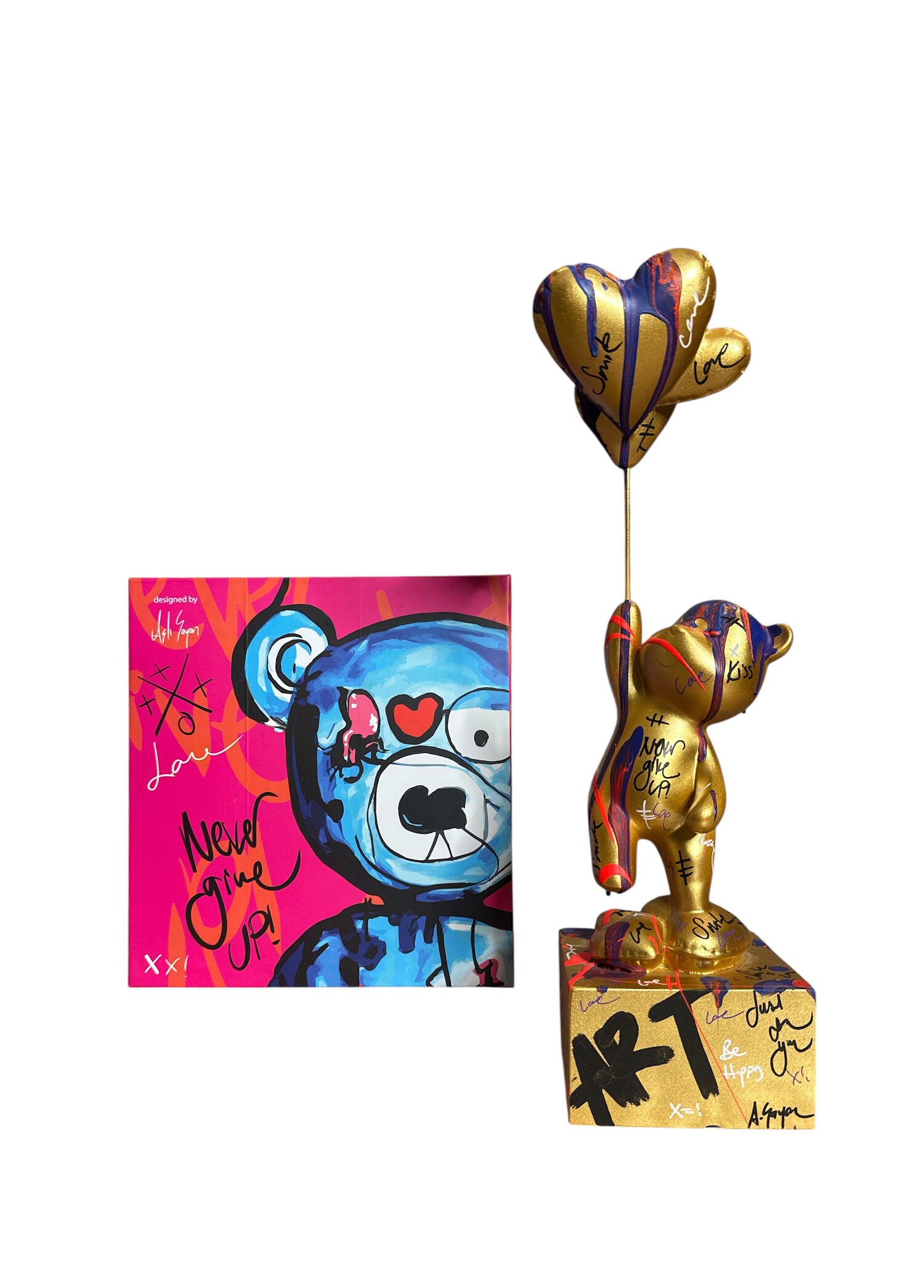 Ayakta Duran Balonlu Ayıcık Pop Art Gold Dekoratif Heykel