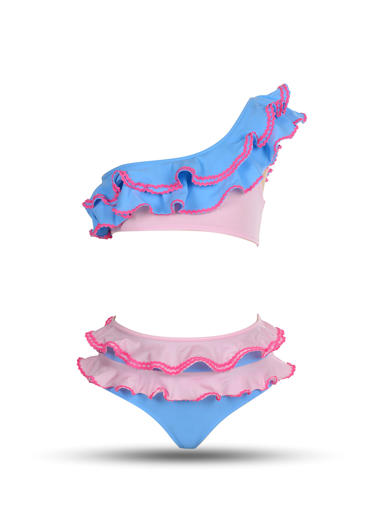 Renkli Fırfırlı Su Taşı Detaylı Tek Omuz Kız Çocuk Bikini Takımı