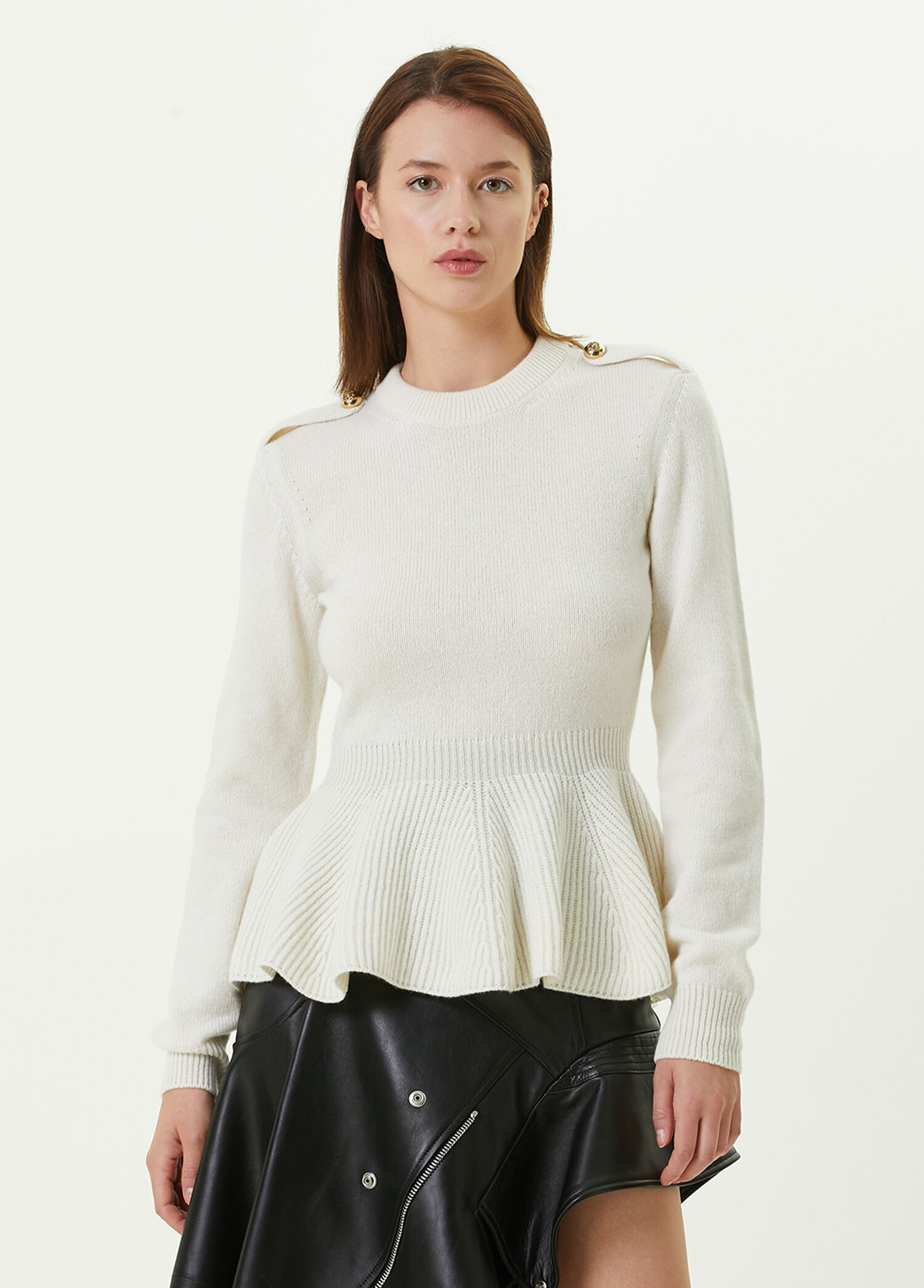 McQueen - Ekru Bisiklet Yaka Peplum Detaylı Yün Kazak - Beyaz