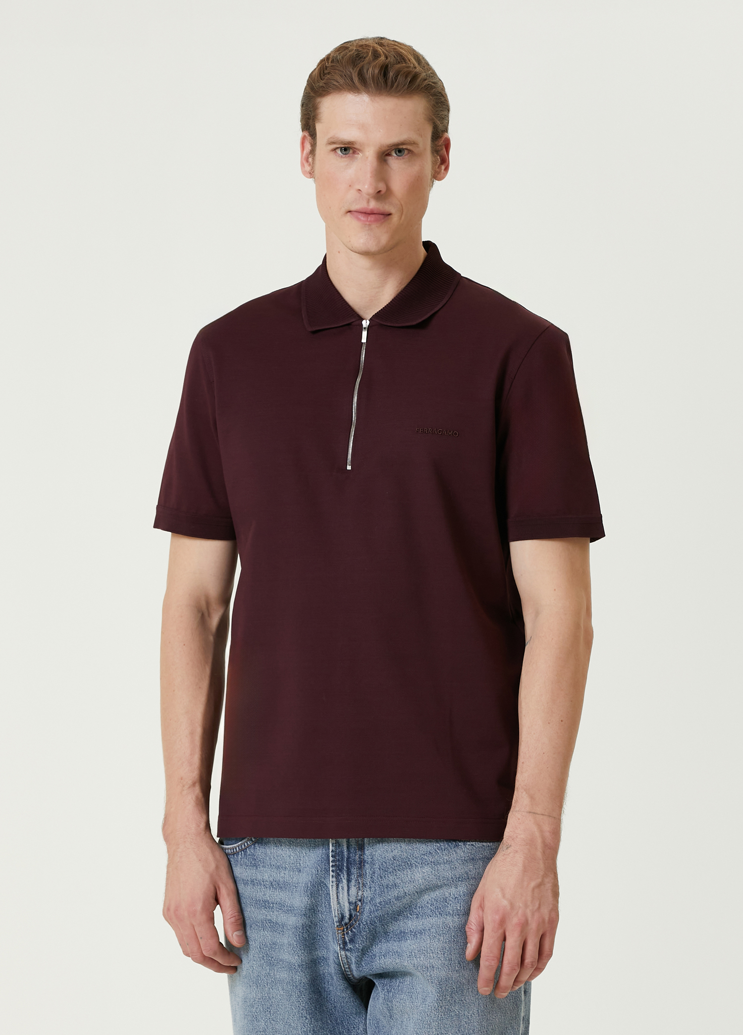 Bordo Polo Yaka Logo Nakışlı T-shirt