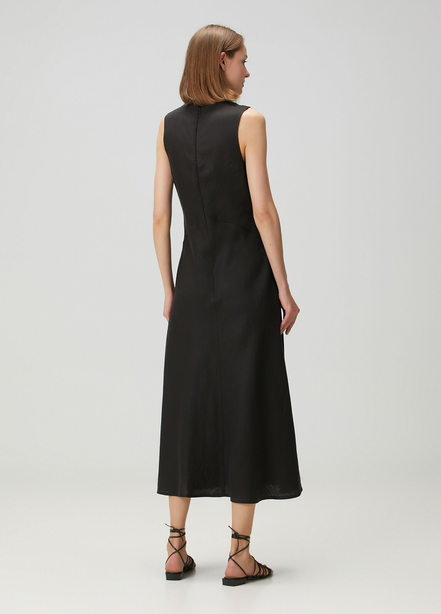 Beymen Collection - Siyah Keten Midi Elbise - Siyah
