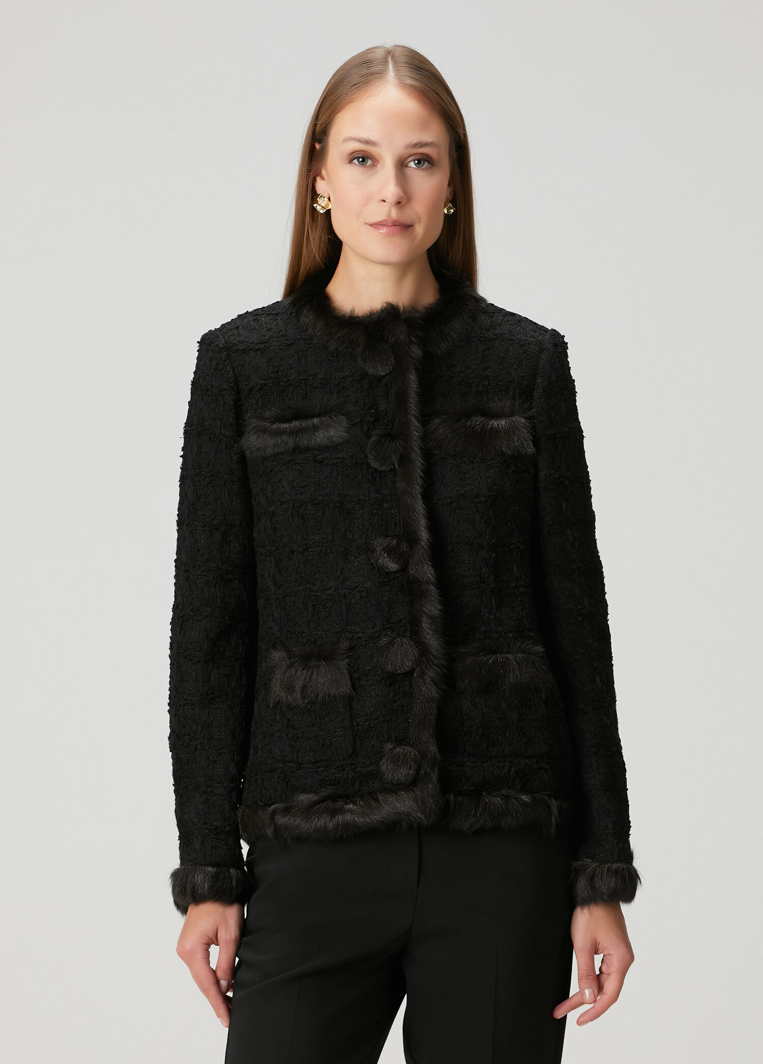 Siyah Shearling Şeritli Tüvit Ceket