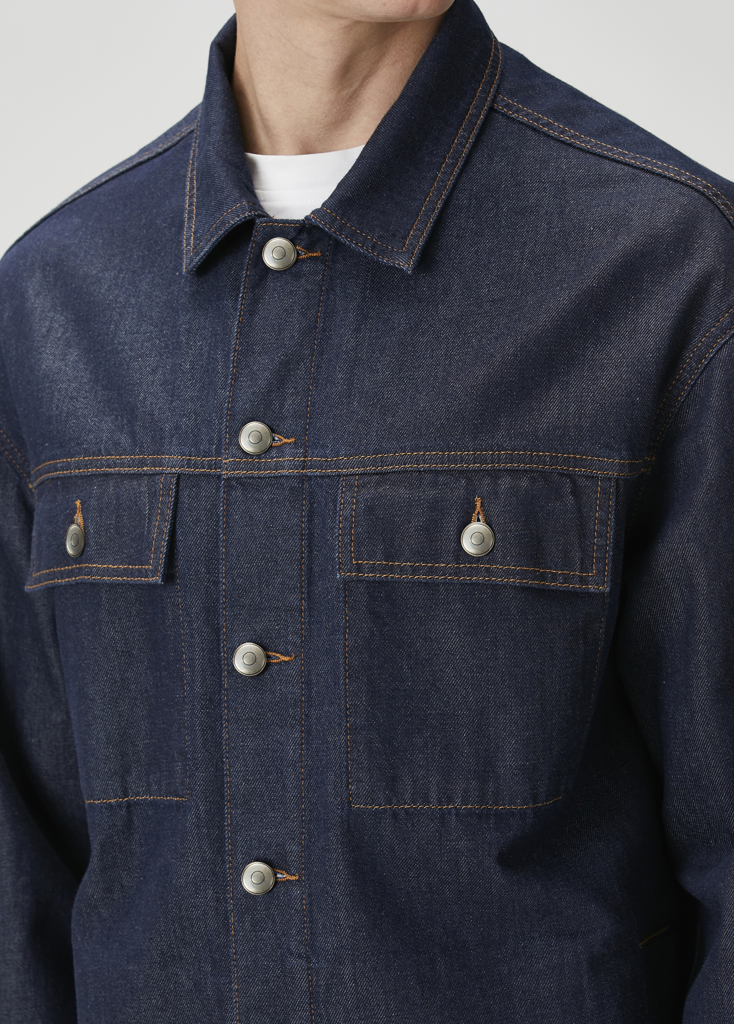 Indigo Kontrast Dikişli Denim Ceket_5