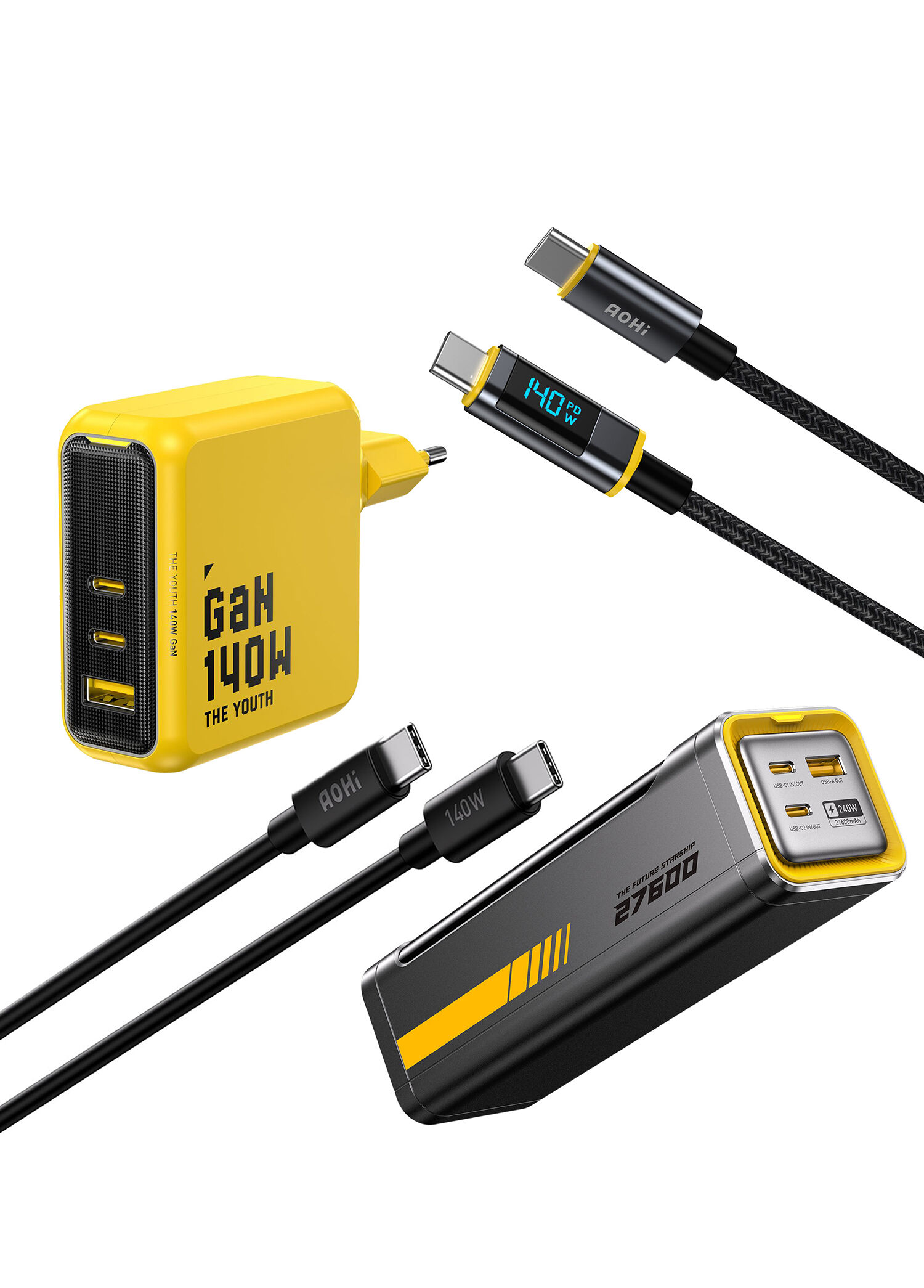 Youth 140W LED Ekranlı PD3.1 Powerbank 3 Portlu Süper Hızlı Şarj Adaptörü Data Kablosu Seti