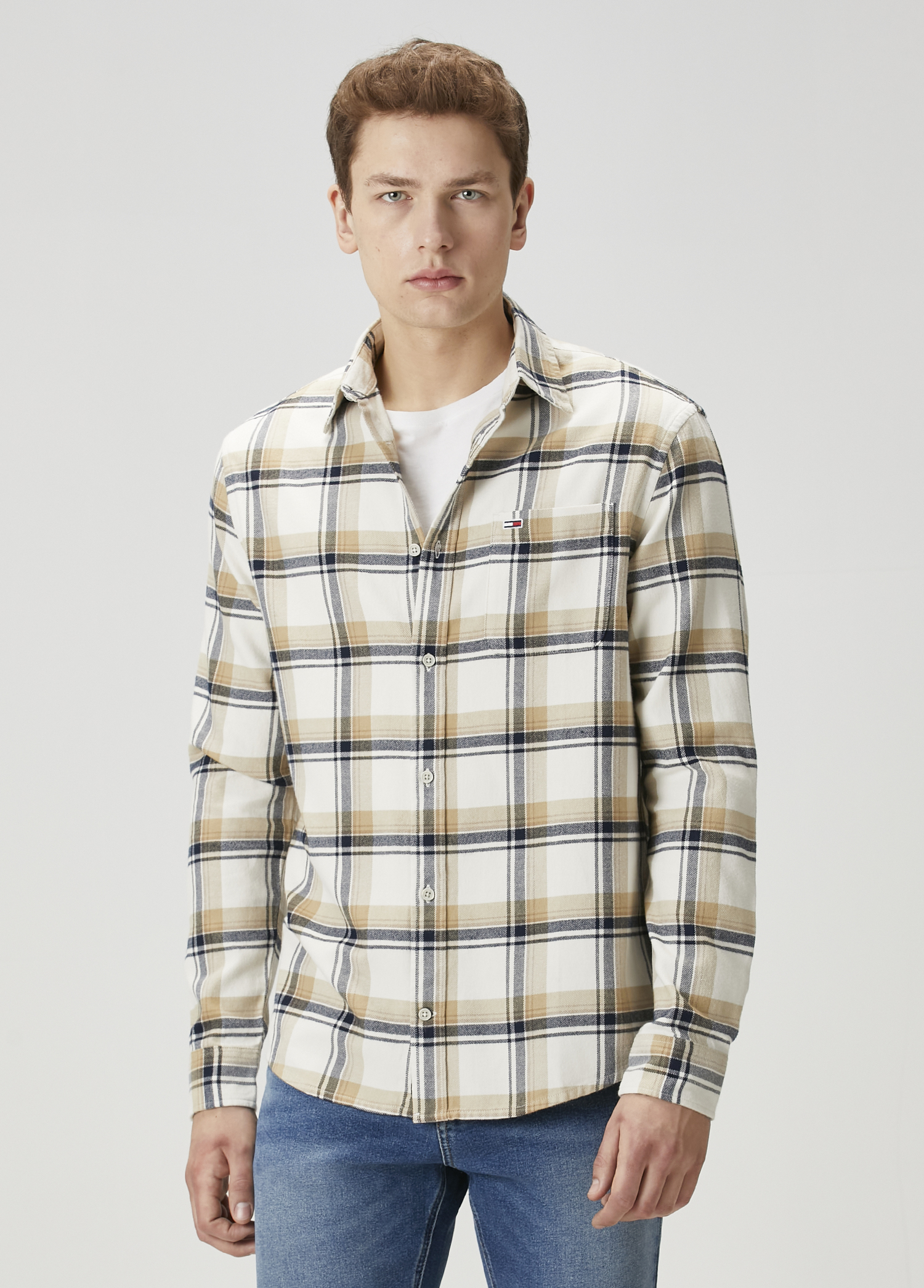 Regular Fit Bej Ekose Desenli Flannel Gömlek