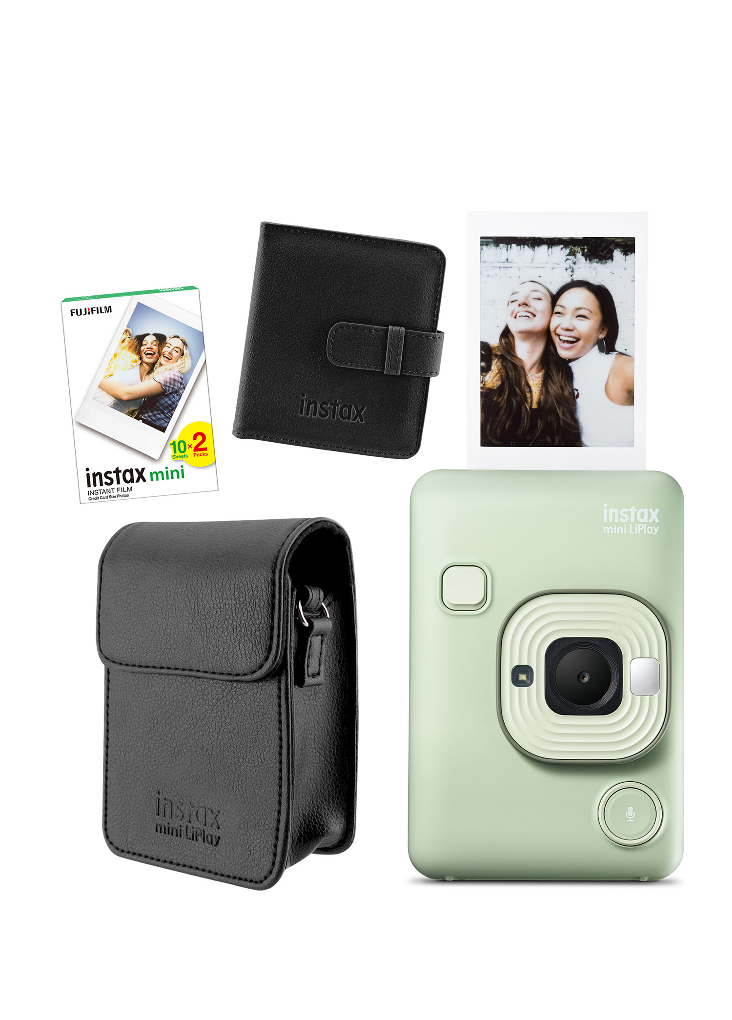 Instax Mini LiPlay Hybrid Matcha Green Fotoğraf Makinesi + 20'li Film Albüm ve Deri Kılıf Hediye Seti