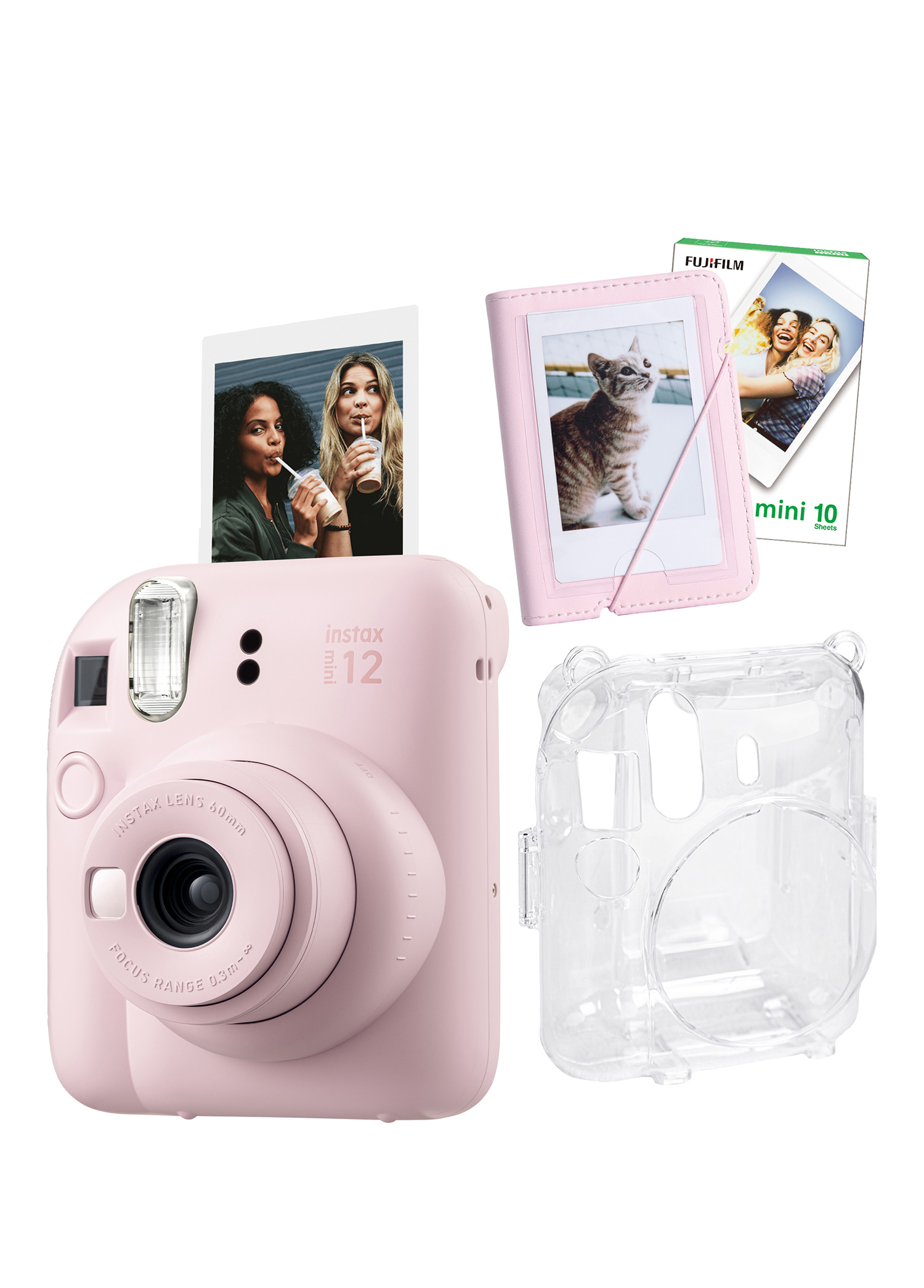 Instax Mini 12 Pembe Fotoğraf Makinesi + 10'lu Film Mini Albüm ve Şeffaf Kılıf Seti