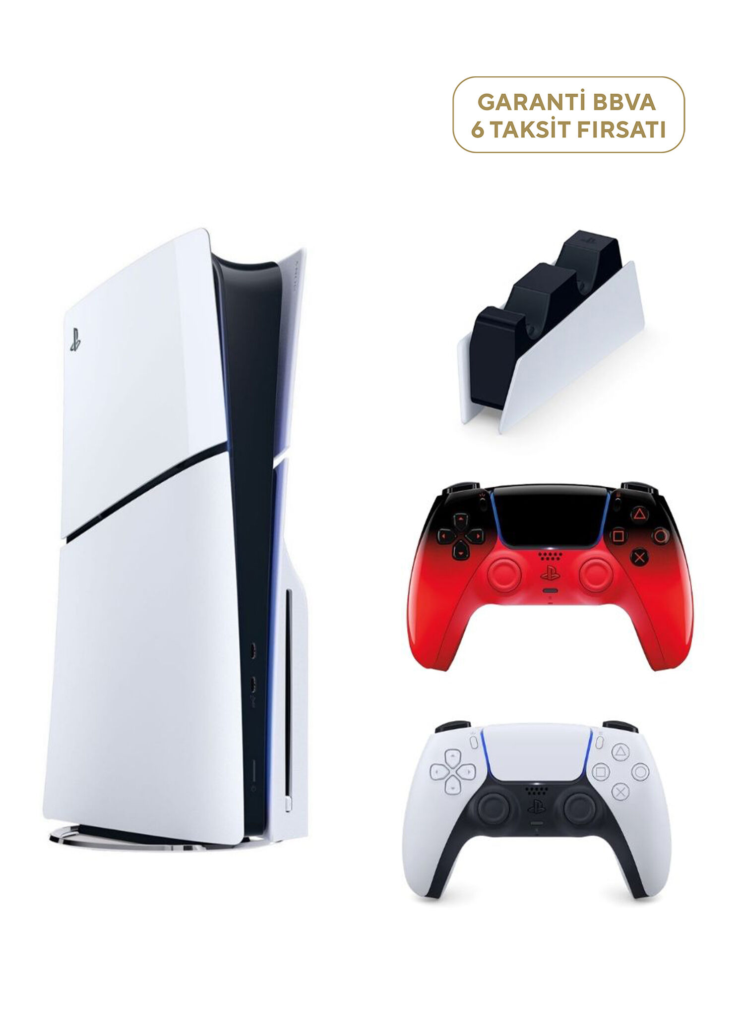 PlayStation 5 1 TB Slim CD Edition Oyun Konsolu + 2. PS5 Kol Techno Red + PS5 Şarj İstasyonu