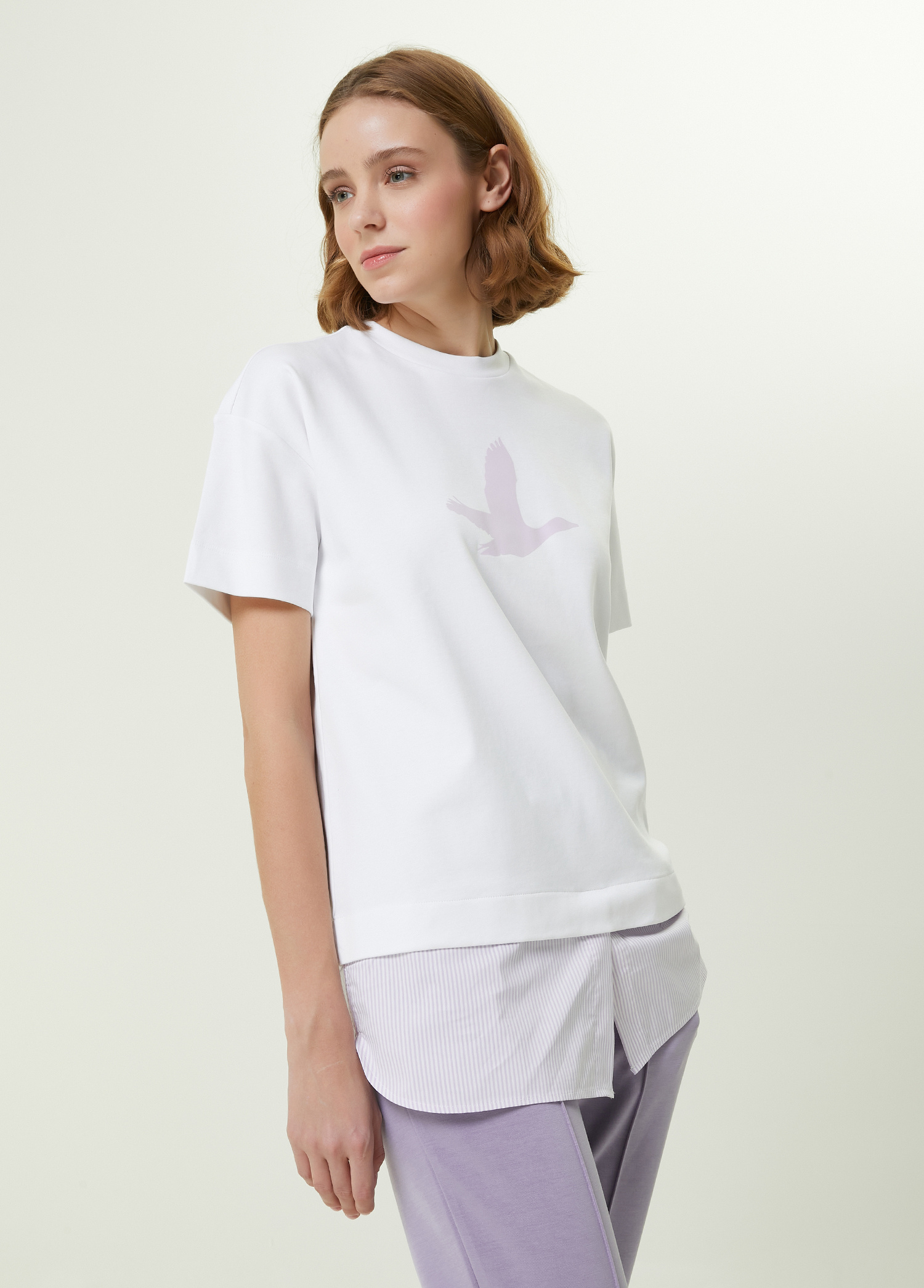Beyaz Kuş Baskılı Gömlek Detaylı T-shirt_2