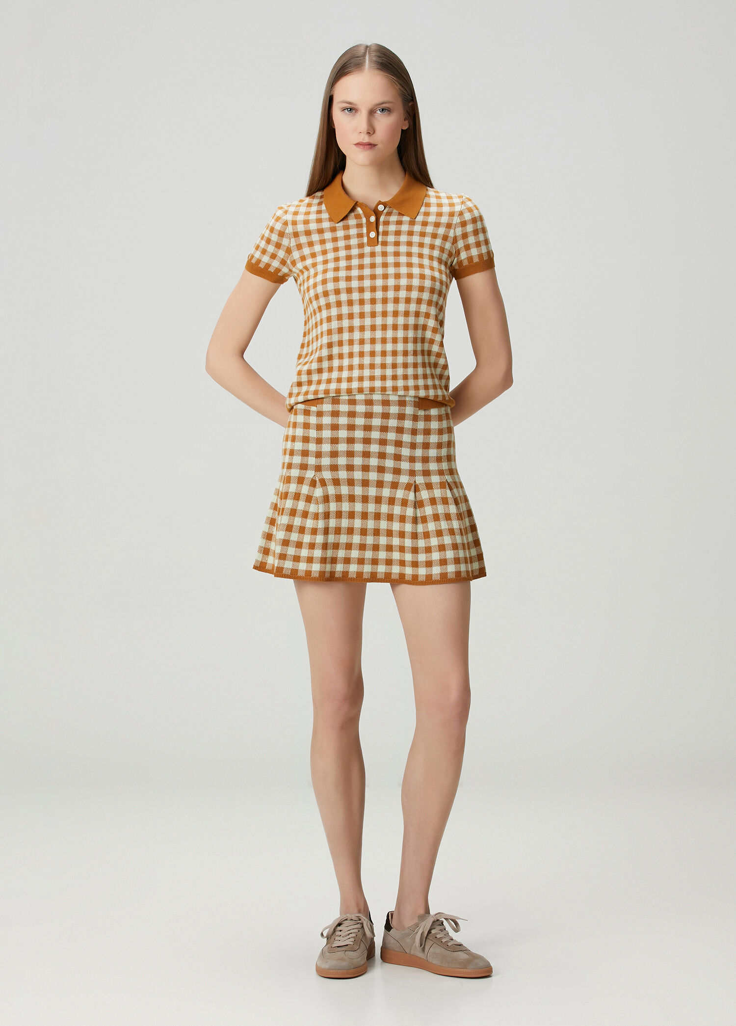 Gingham Desenli Mini İpek Etek