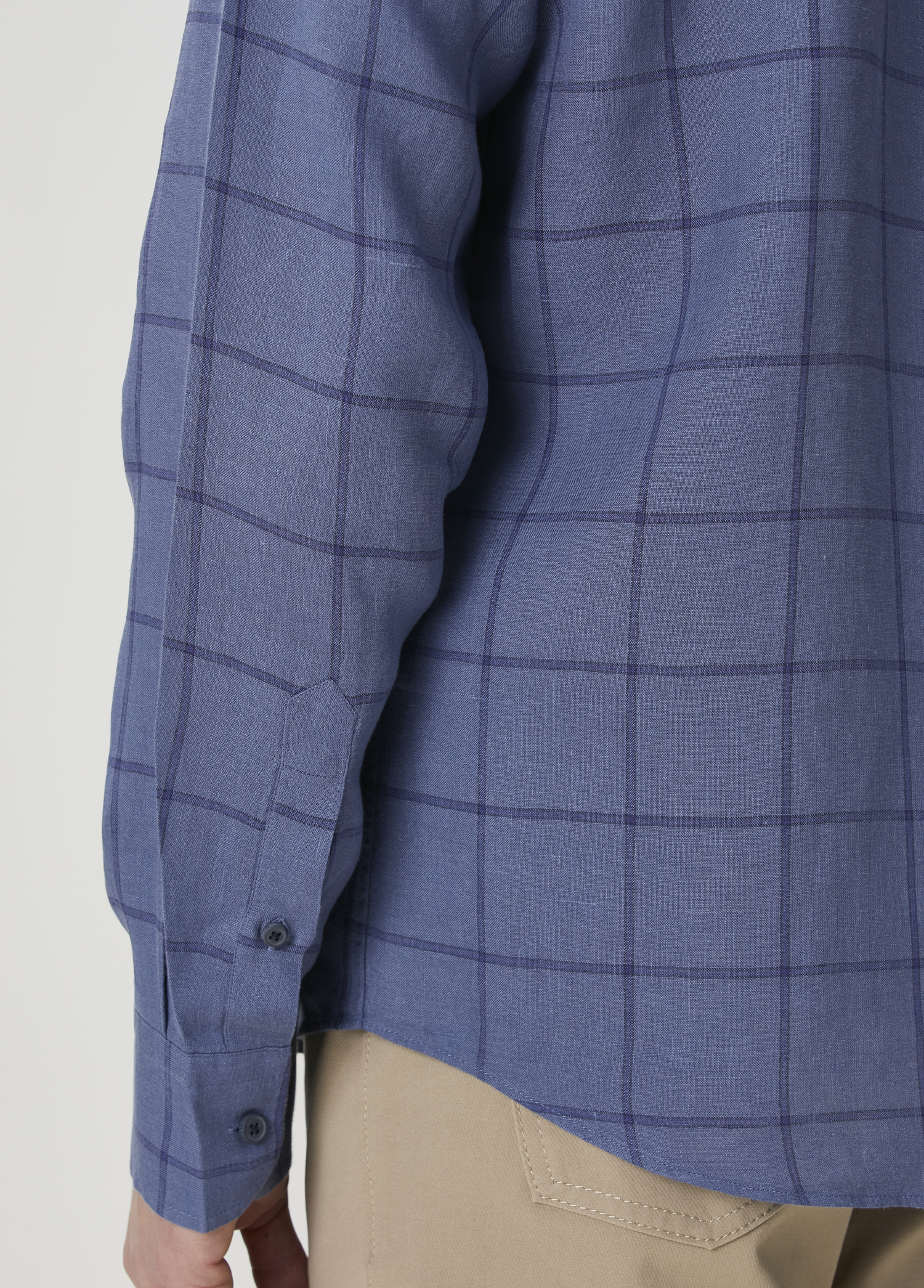 Comfort Fit Indigo Ekose Desenli Keten Gömlek_6