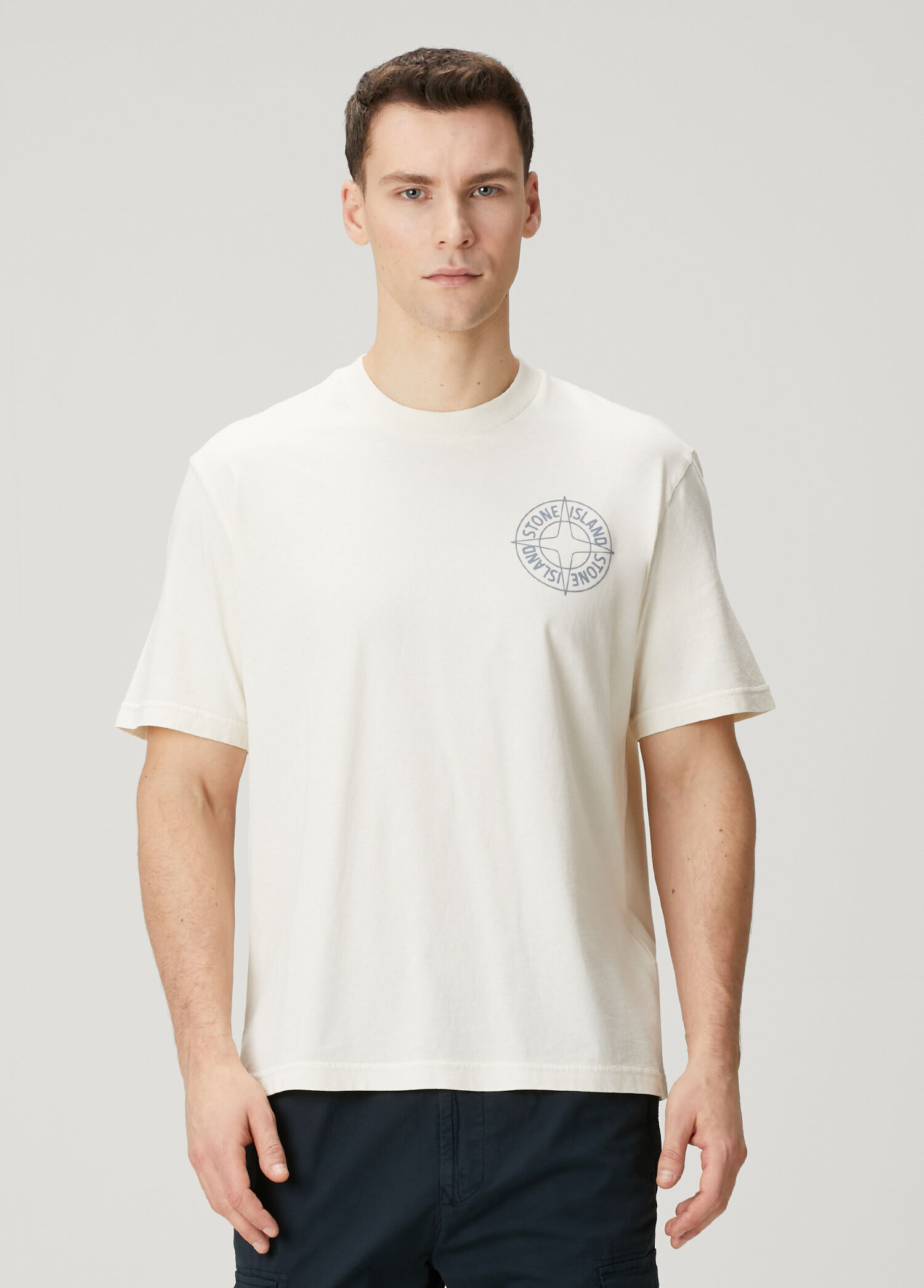 Stone Island Kırık Beyaz Erkek Kırık Beyaz Logo Baskılı T-shirt