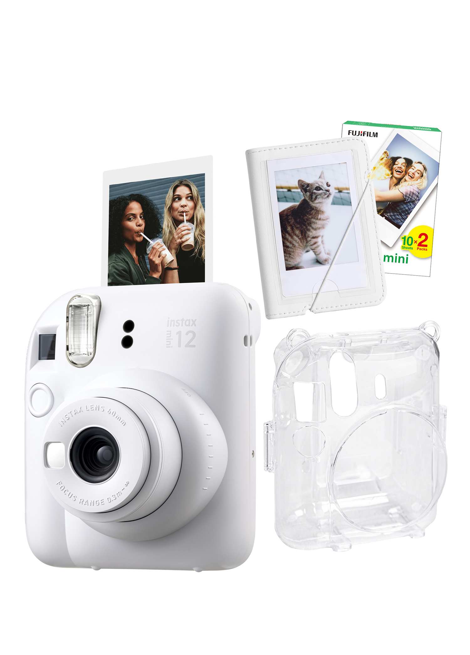 Instax Mini 12 Beyaz Fotoğraf Makinesi + 20'li Film Mini Albüm ve Şeffaf Kılıf Seti