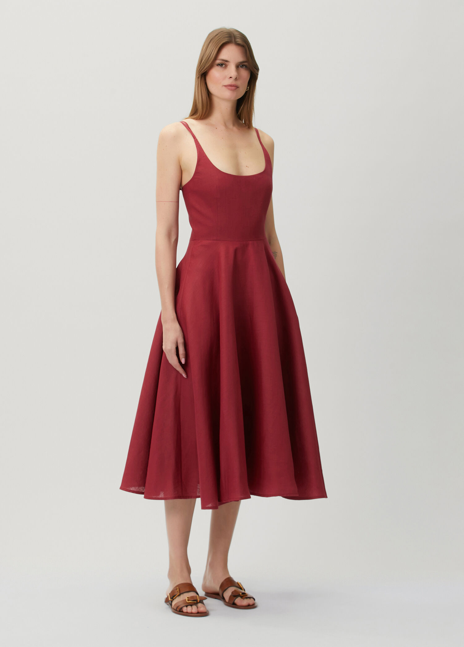 Royal Bordo Midi Keten Elbise