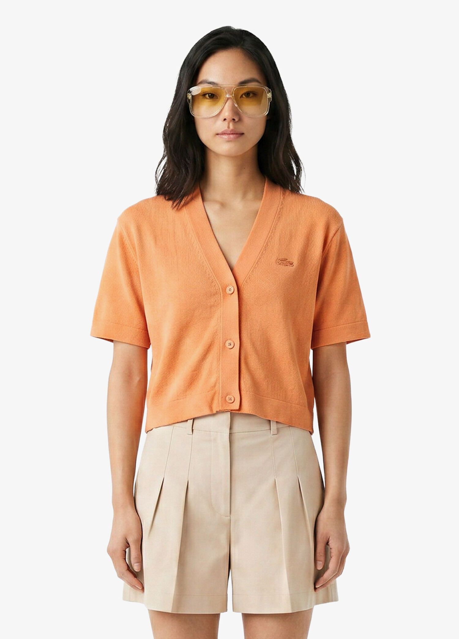 Turuncu Keten V Yaka Relaxed Fit Kısa Kollu Kadın Hırka
