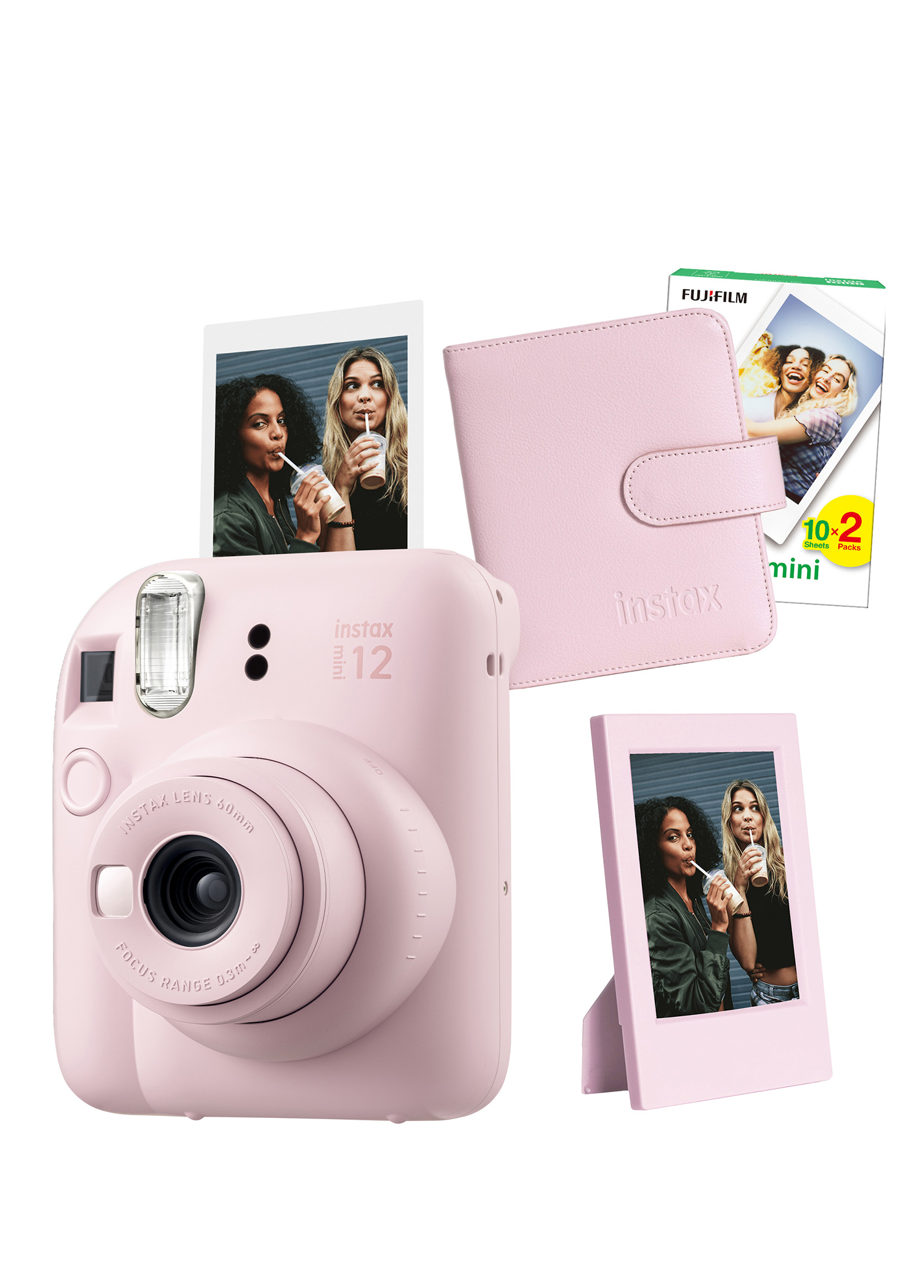 Instax Mini 12 Pembe Fotoğraf Makinesi + 20'li Film Çerçeve ve Kare Albüm Seti