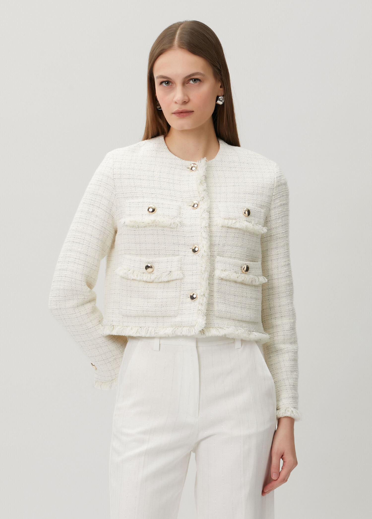 Ekru Çizgili Tweed Ceket