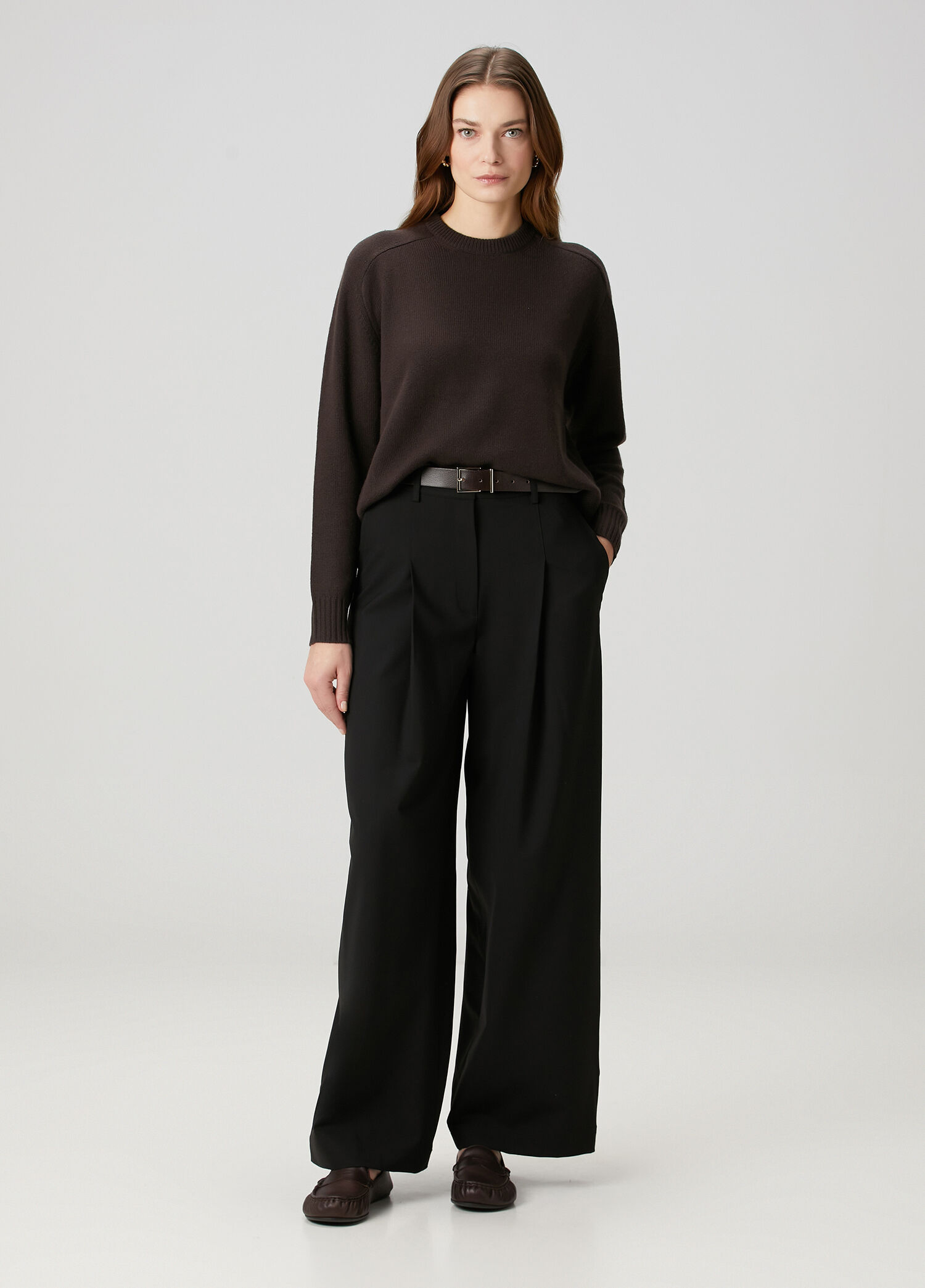 Siyah Wide Leg Yün Pantolon